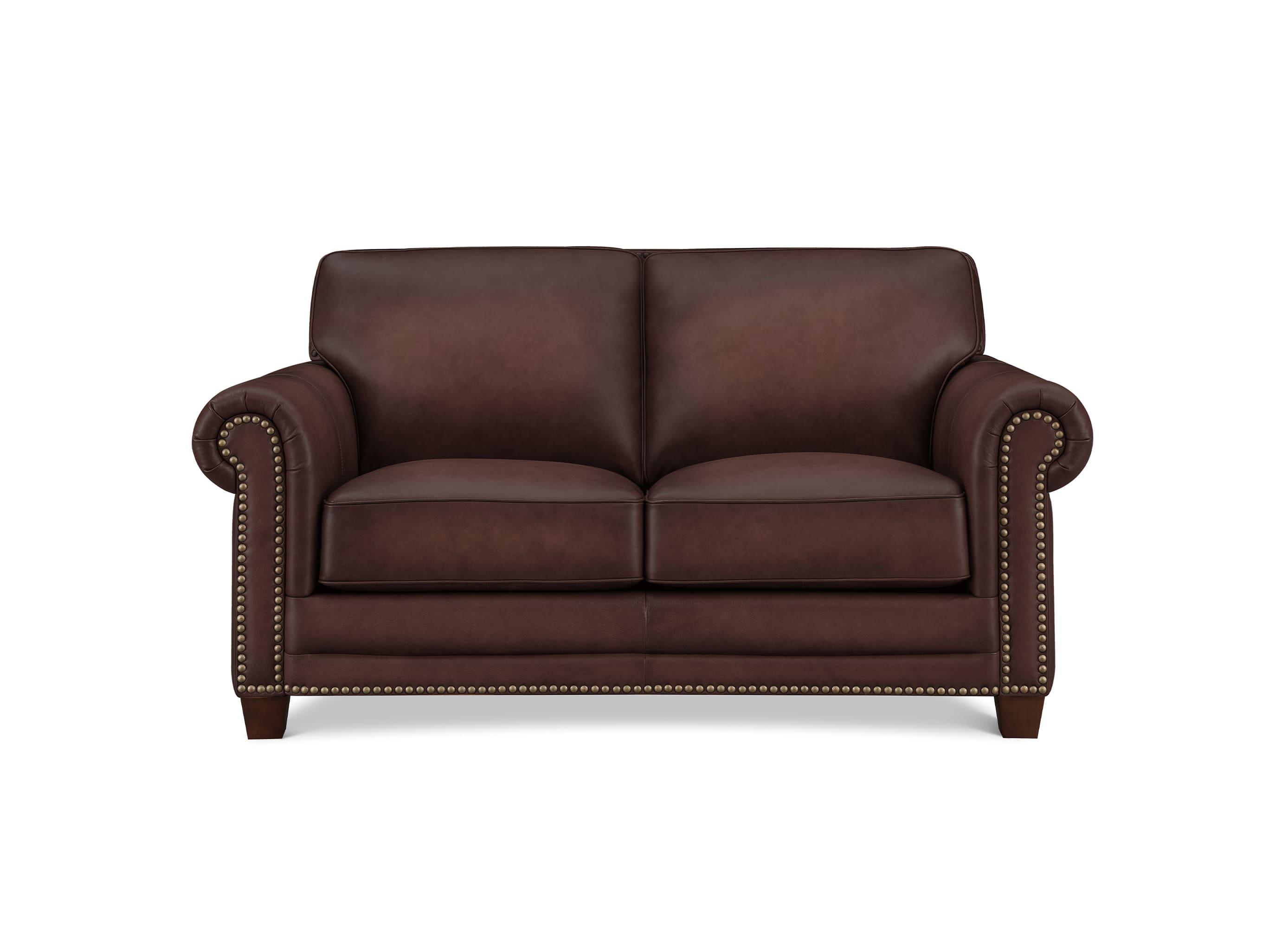 A classic two-seater loveseat sofa upholstered in dark brown leather, featuring rolled arms with brass nailhead trim and dark wooden legs, shown against a plain white background.