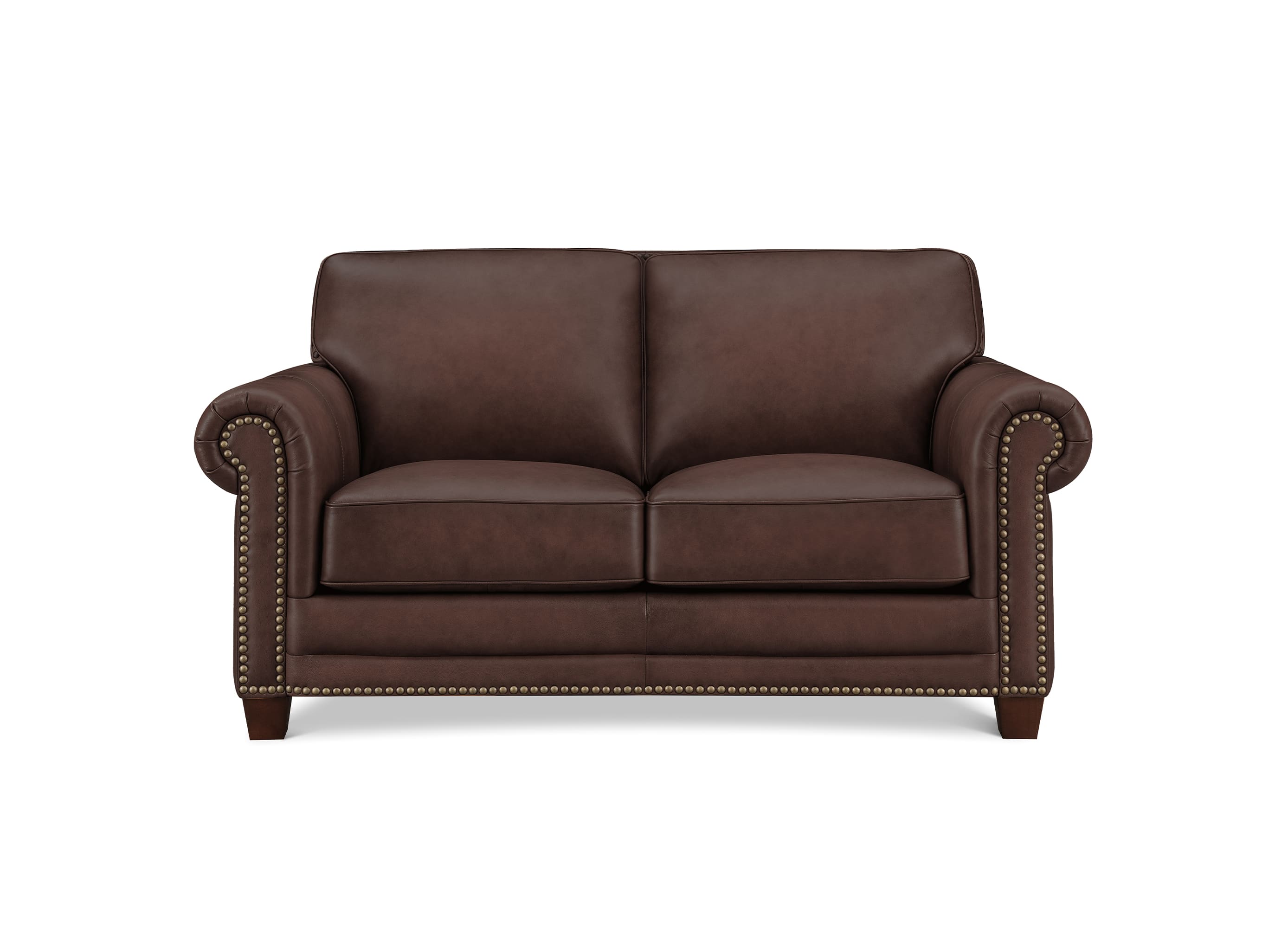 A classic two-seater loveseat sofa upholstered in dark brown leather, featuring rolled arms with nailhead trim and dark wooden legs, shown against a plain white background.