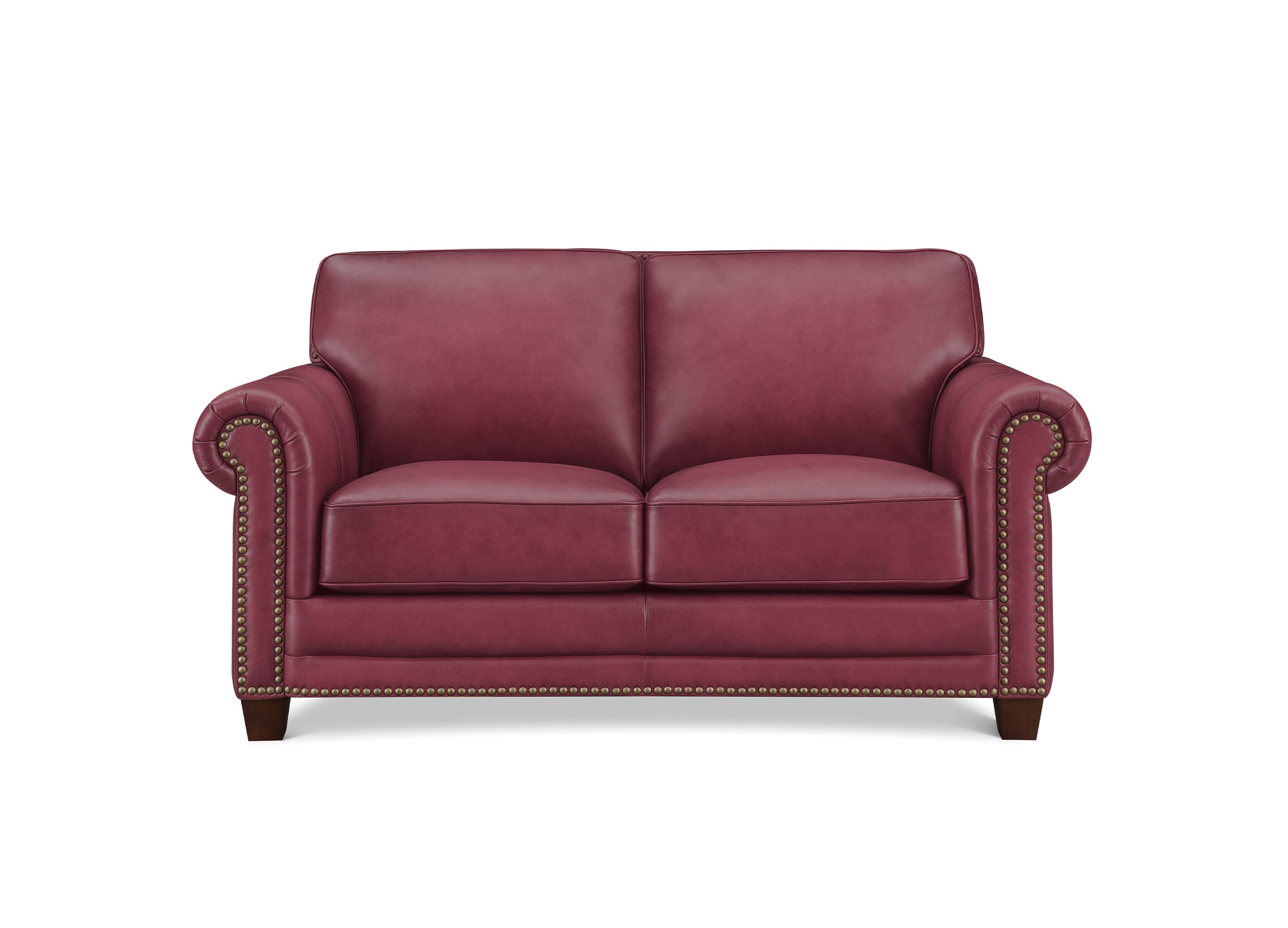 A classic two-seater loveseat sofa upholstered in burgundy leather with rolled arms, nailhead trim, and dark wooden legs, shown against a plain white background.