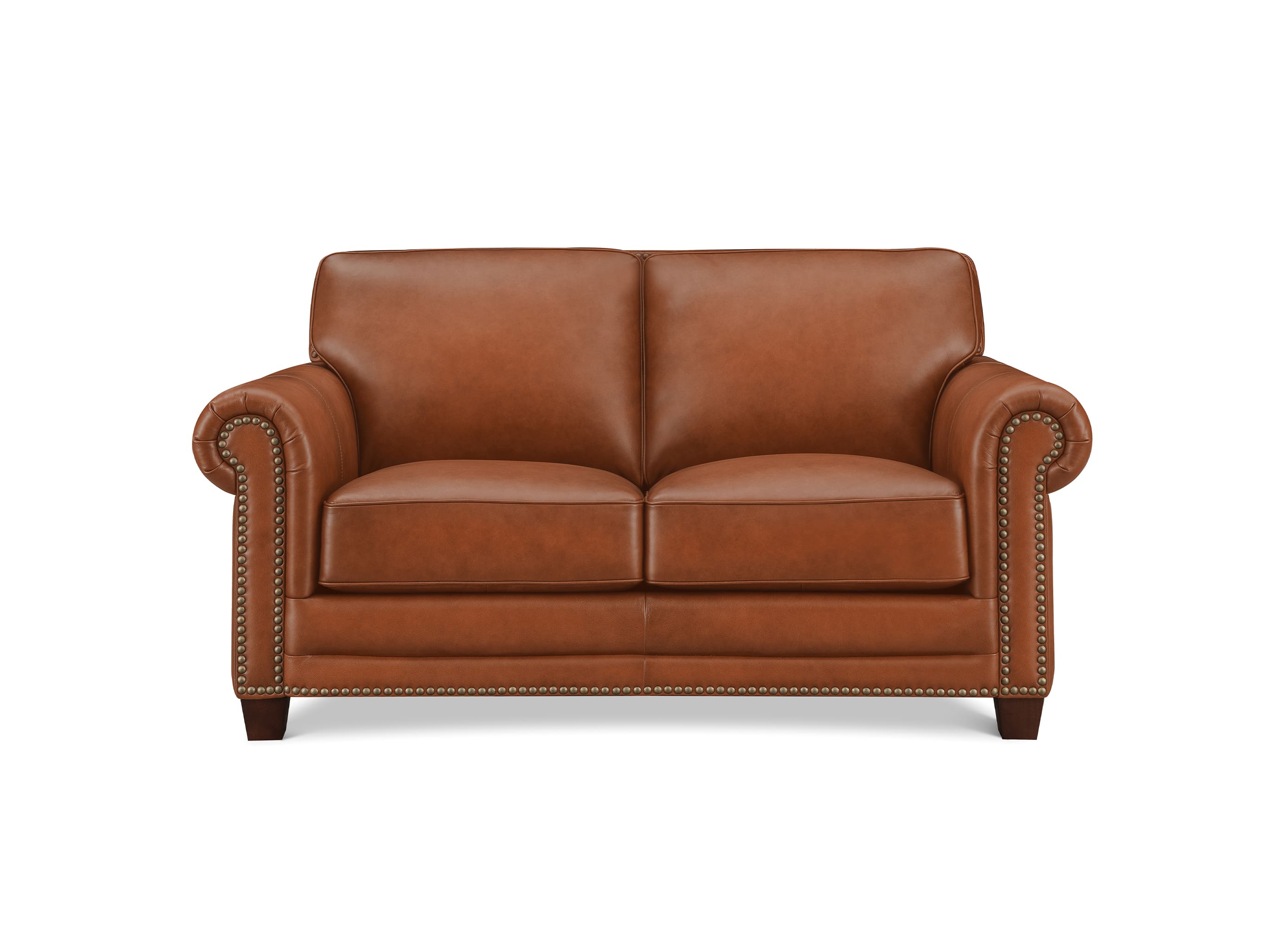 A classic two-seater loveseat sofa upholstered in warm cognac brown leather, featuring rolled arms with nailhead trim and dark wooden legs, shown against a plain white background.