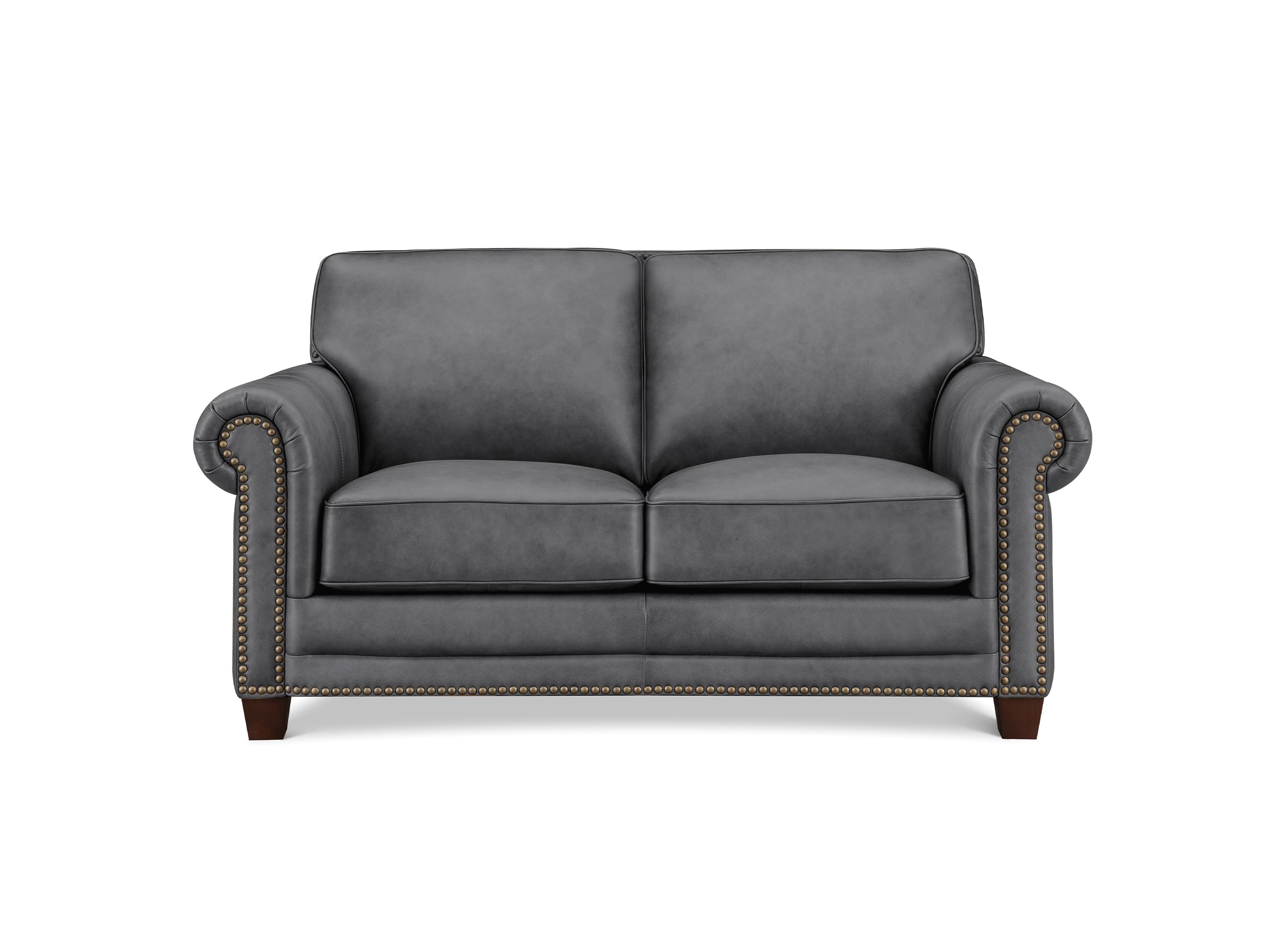 A classic two-seater loveseat sofa upholstered in dark gray fabric, featuring rolled arms with brass nailhead trim and dark brown wooden legs, shown against a plain white background.