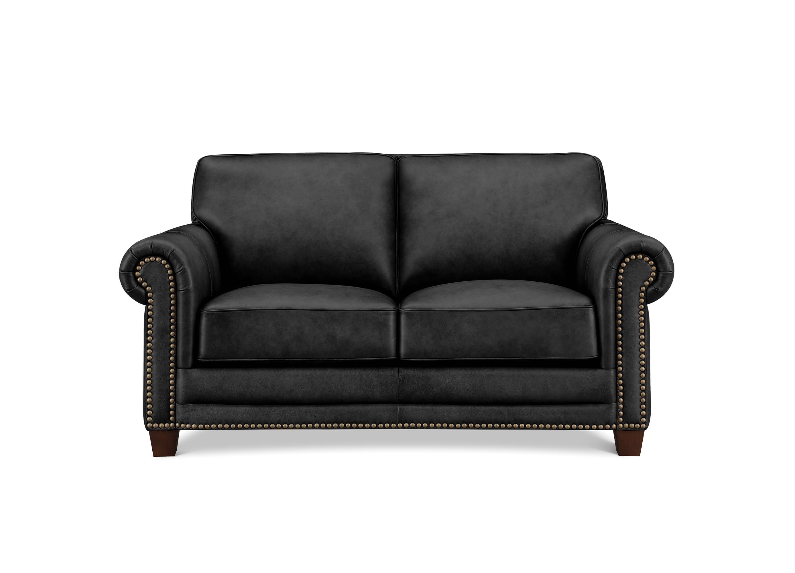 A black leather loveseat sofa with rolled arms, nailhead trim, and dark wooden legs, shown against a plain white background.