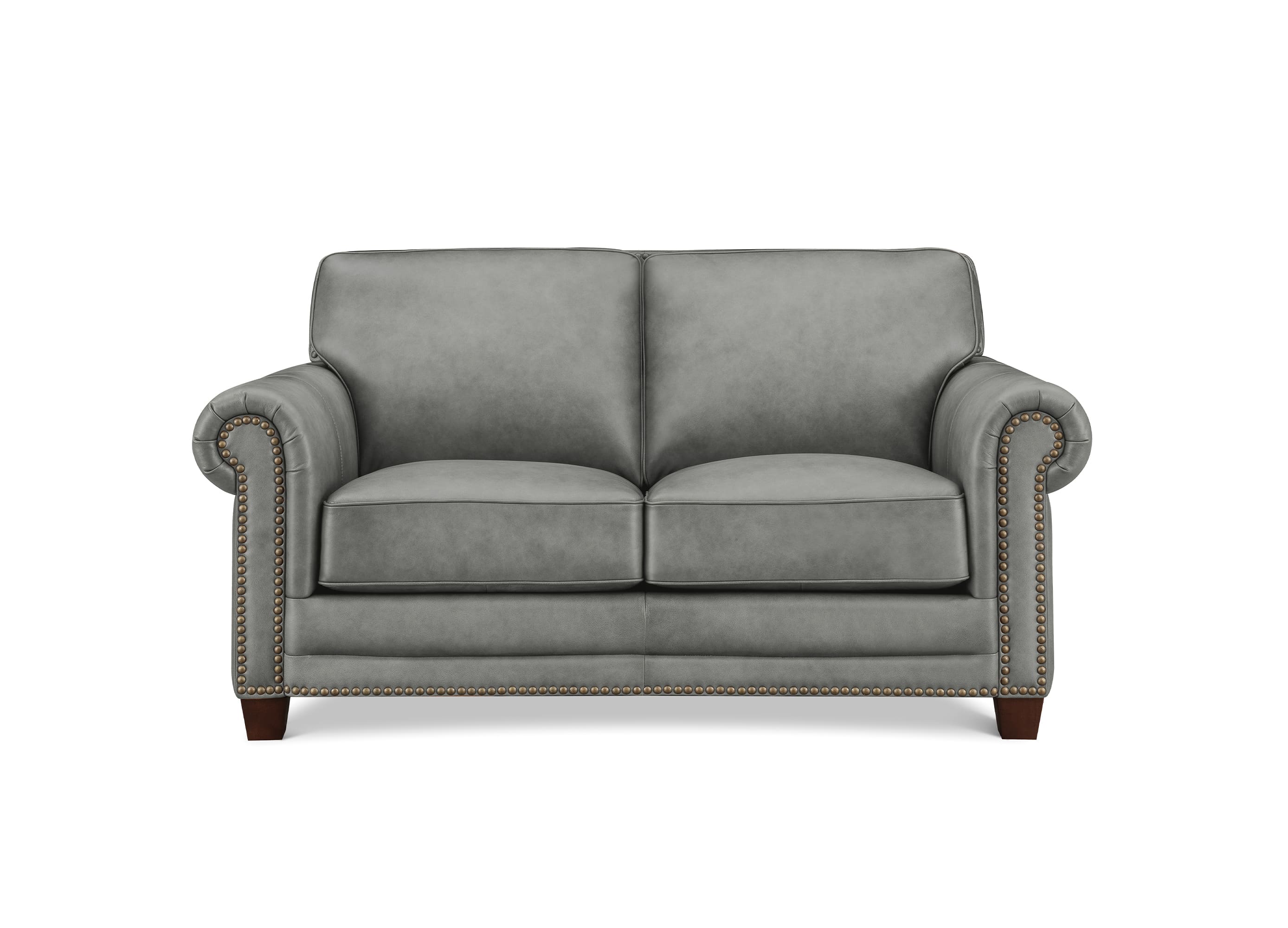 A classic two-seater loveseat sofa upholstered in textured gray fabric, featuring rolled arms with nailhead trim and dark brown wooden legs, shown against a plain white background.