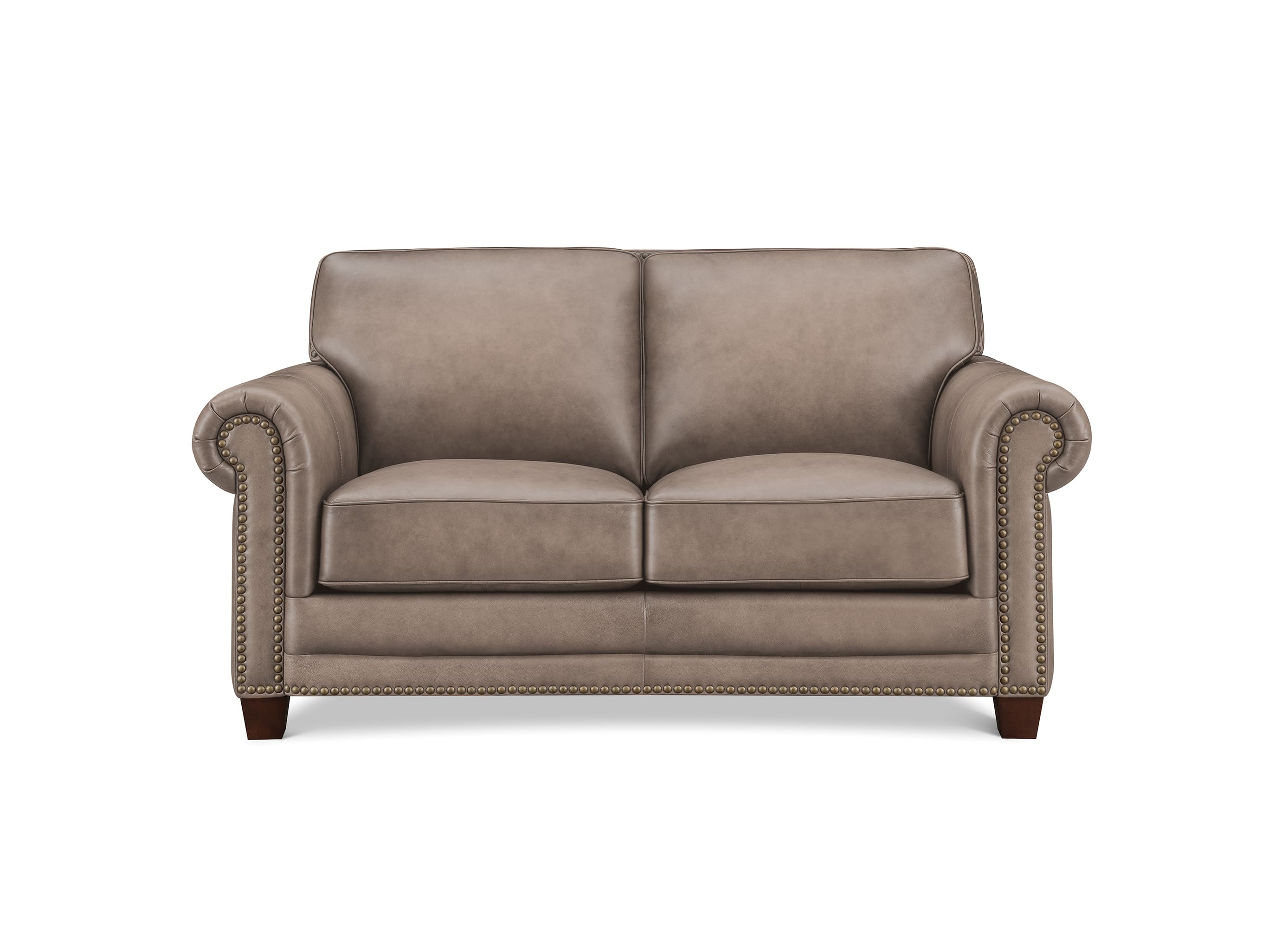 A classic two-seater loveseat sofa upholstered in light taupe gray fabric, featuring rolled arms with nailhead trim and dark brown wooden legs, shown against a plain white background.
