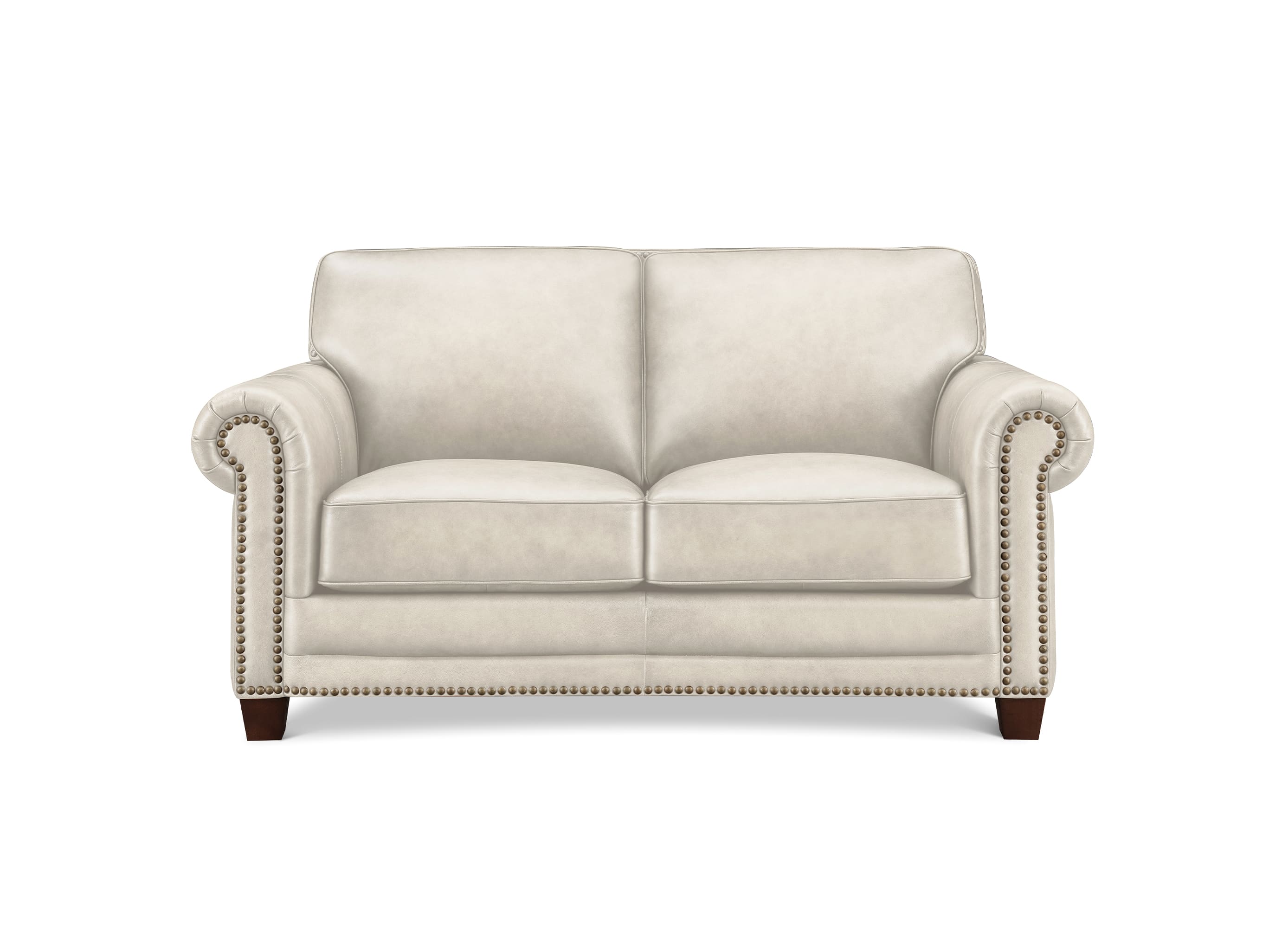 A classic two-seater loveseat sofa upholstered in cream-colored fabric, featuring rolled arms with nailhead trim and dark brown wooden legs, shown against a plain white background.