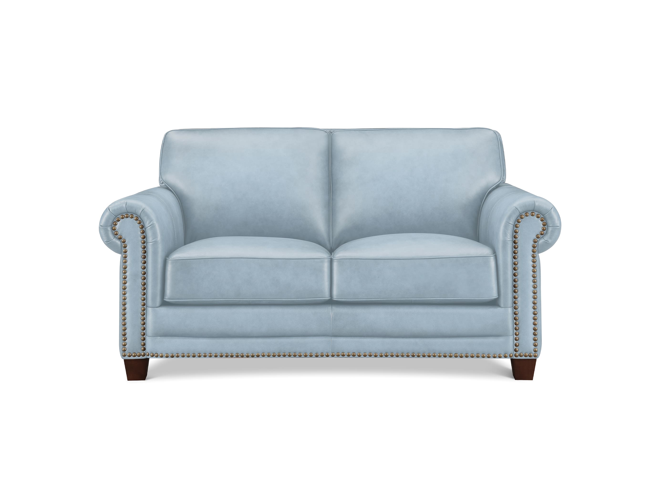 A light blue upholstered loveseat with rolled arms, nailhead trim, and dark wood legs, shown against a plain white background.