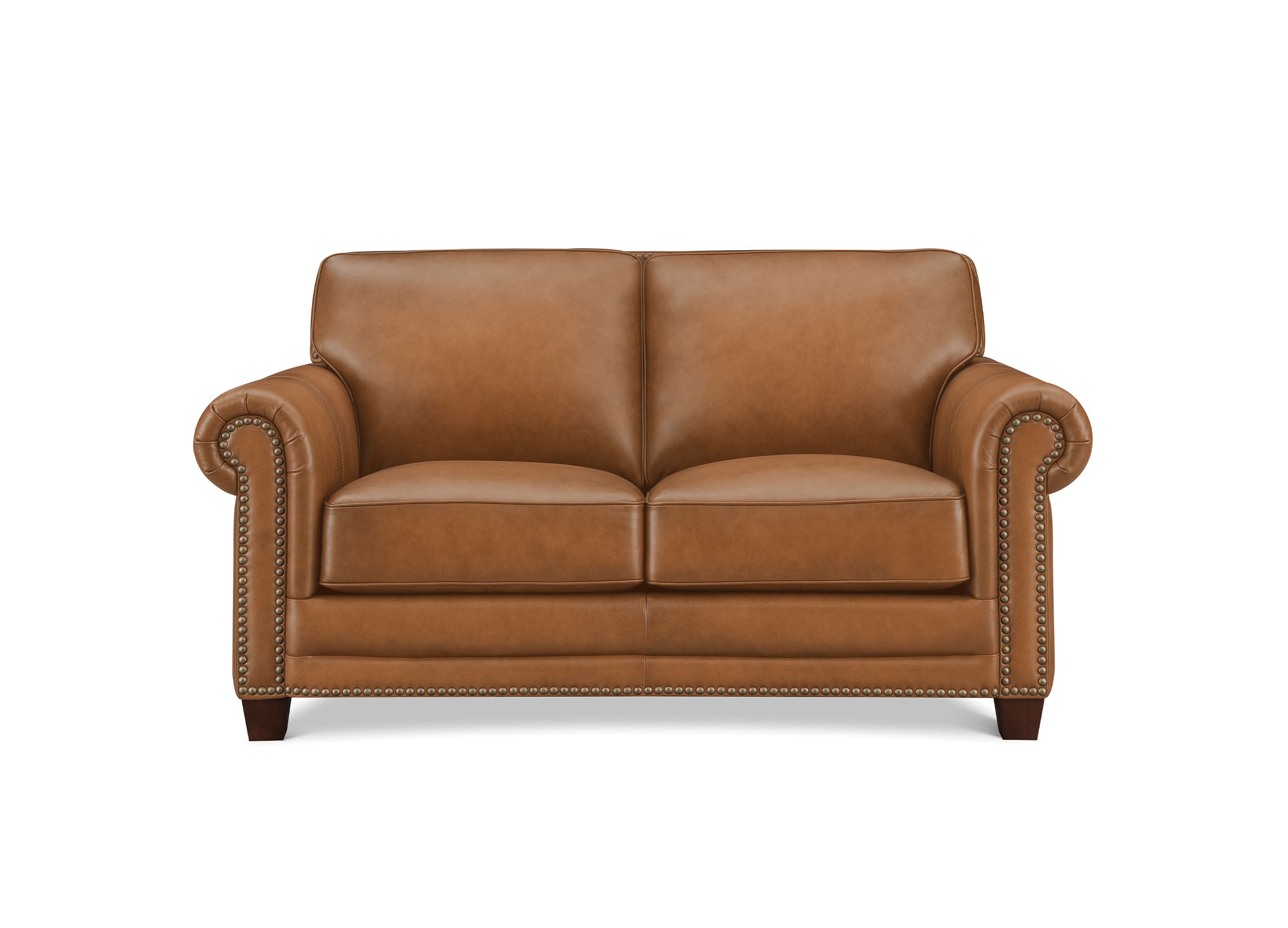 A classic two-seater loveseat sofa upholstered in warm tan leather, featuring rolled arms with nailhead trim and dark wooden legs, shown against a plain white background.