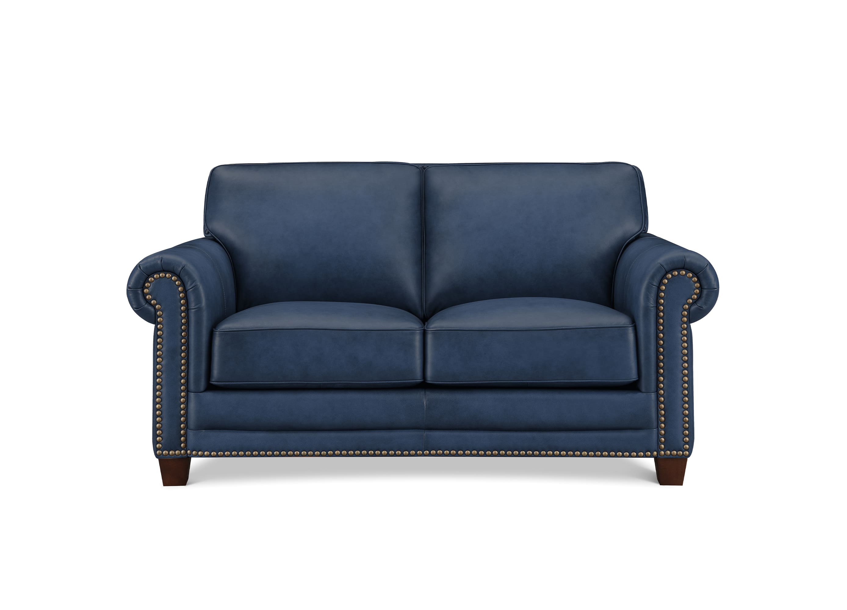 A classic two-seater loveseat sofa upholstered in dark blue leather with rolled arms, nailhead trim, and dark wooden legs, shown against a plain white background.