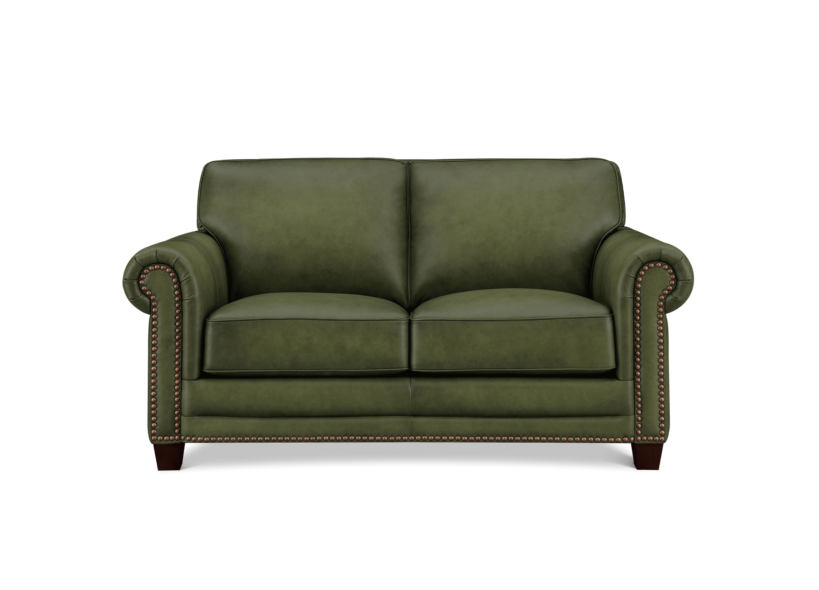An olive green loveseat sofa with rolled arms, nailhead trim, and dark wooden legs, shown against a plain white background.