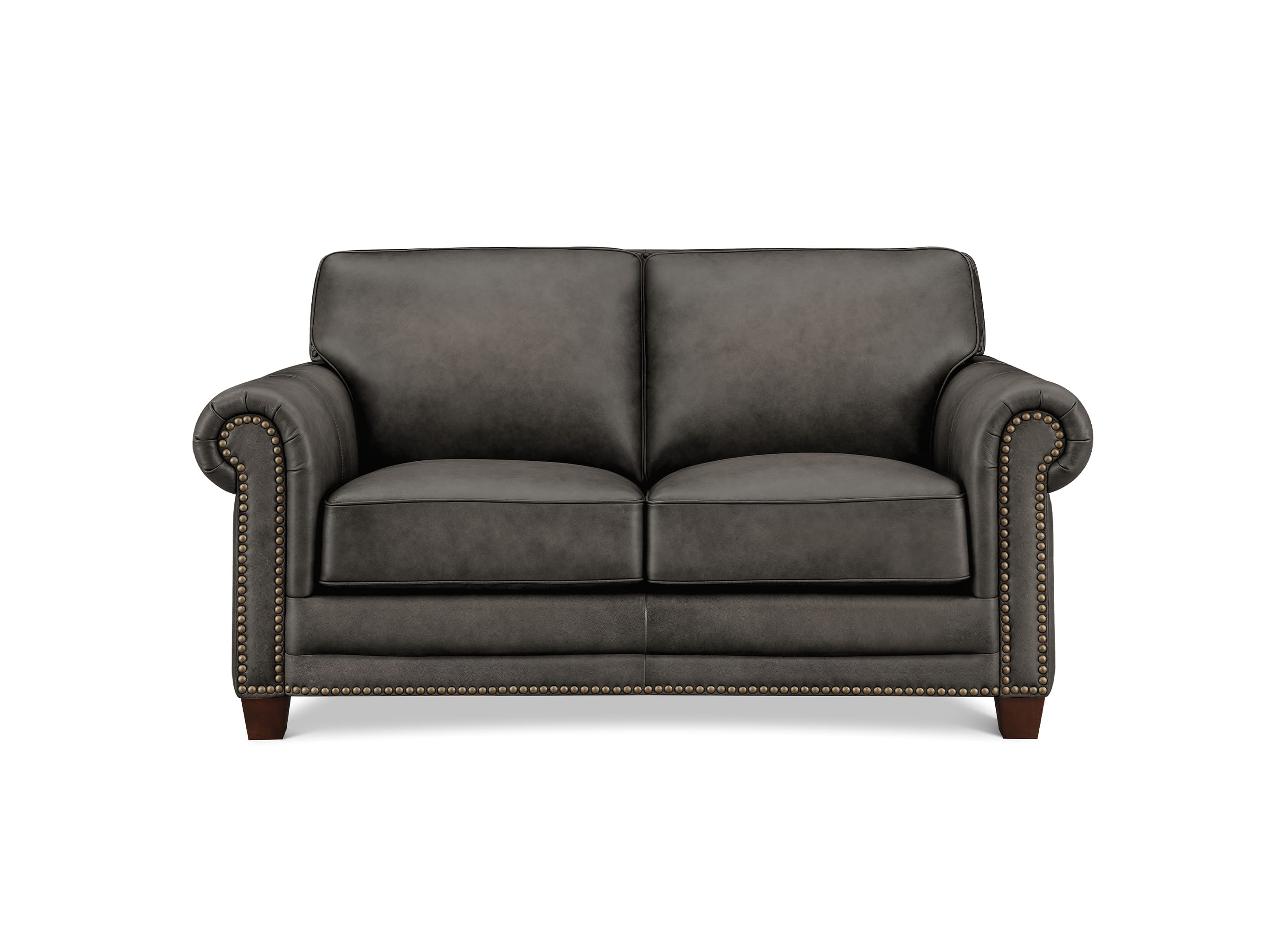 A black leather loveseat sofa with rolled arms, nailhead trim, and dark wooden legs, shown against a plain white background.
