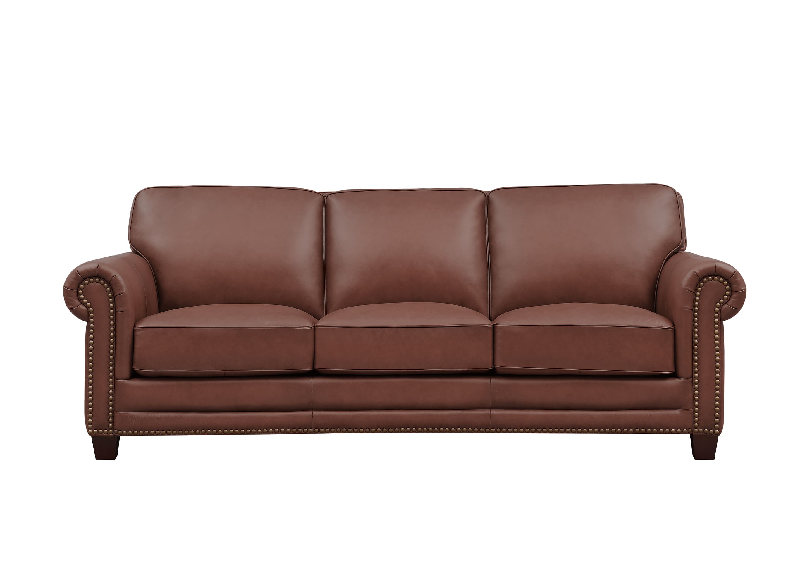 A classic three-seater leather sofa in a warm brown color, featuring rolled arms with nailhead trim, a button-tufted top, and nailhead trim along the base, shown against a plain white background.