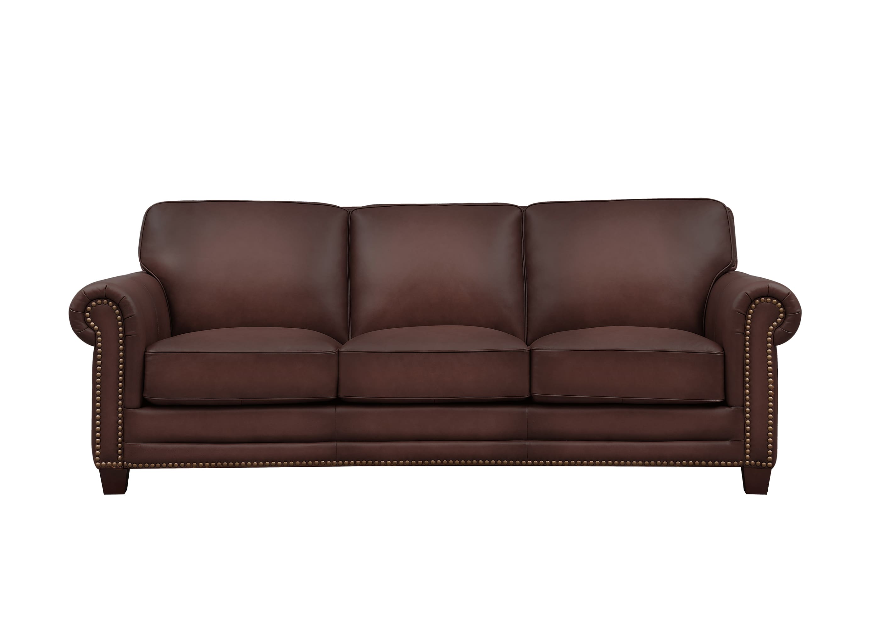 A classic three-seater sofa in dark brown leather with rolled arms, nailhead trim, and dark wooden legs, shown against a plain white background.
