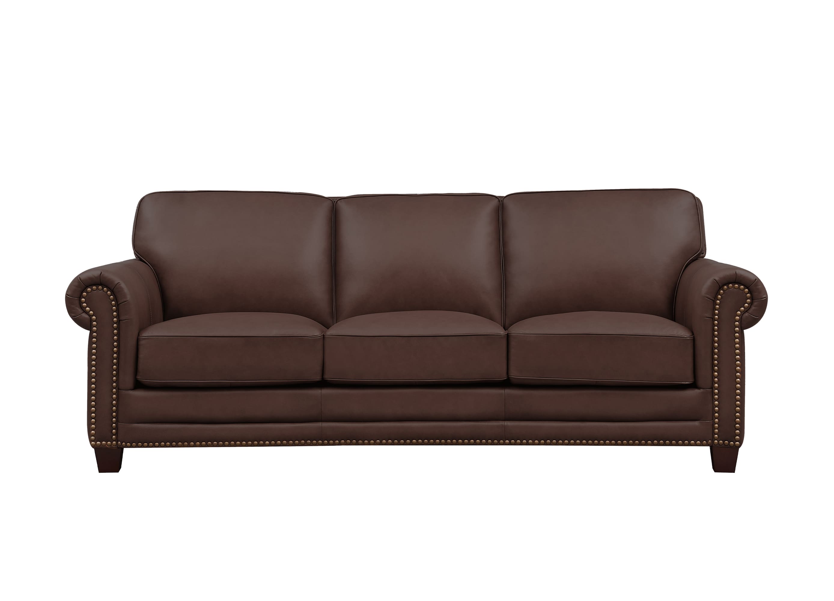 A classic three-seater sofa upholstered in dark brown leather with rolled arms, nailhead trim, and dark wooden legs, shown against a plain white background.