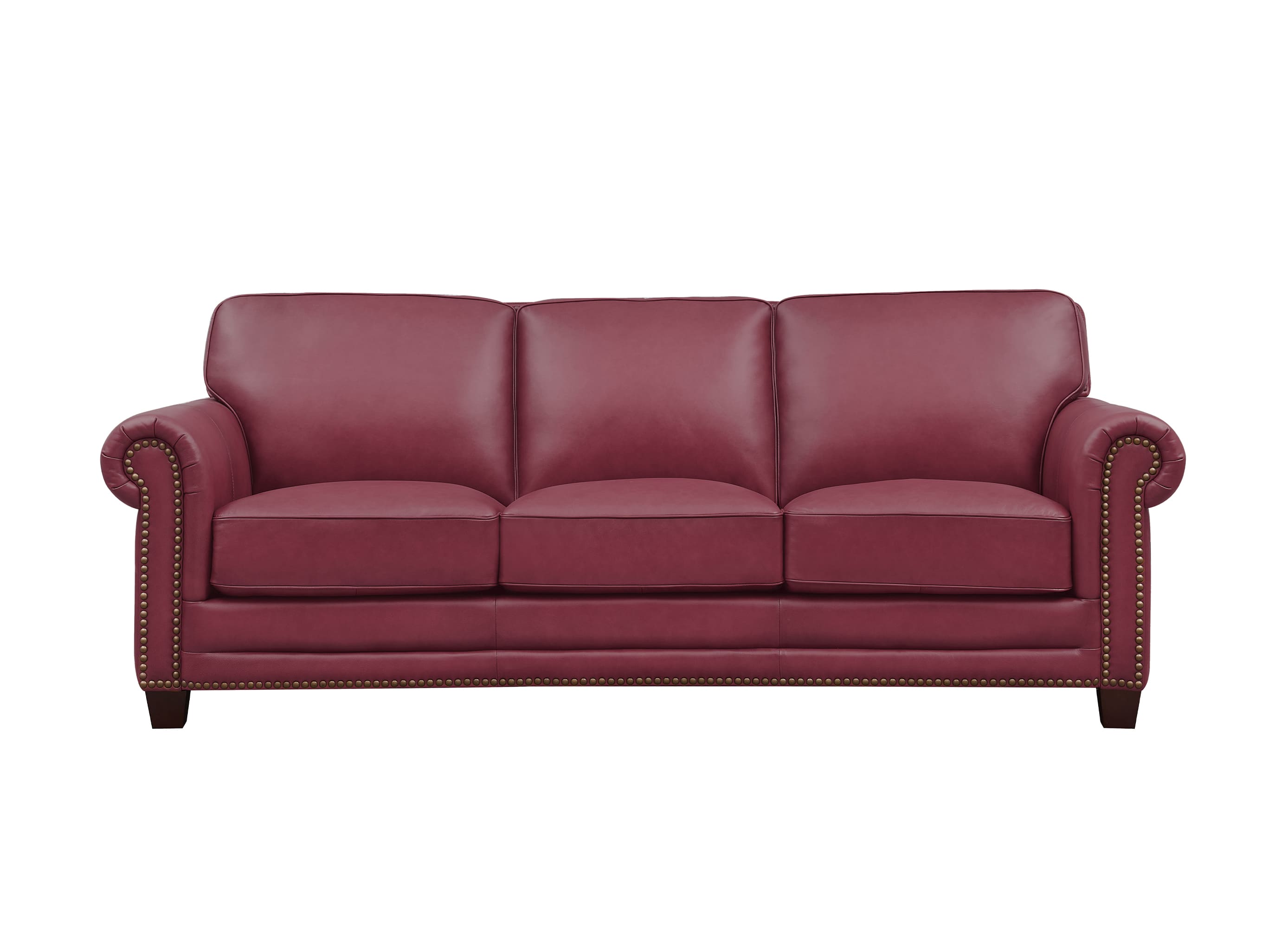 A three-seat leather sofa in a deep burgundy red, featuring classic rolled arms with nailhead trim, a button-tufted top, and dark wooden legs, shown against a plain white background.