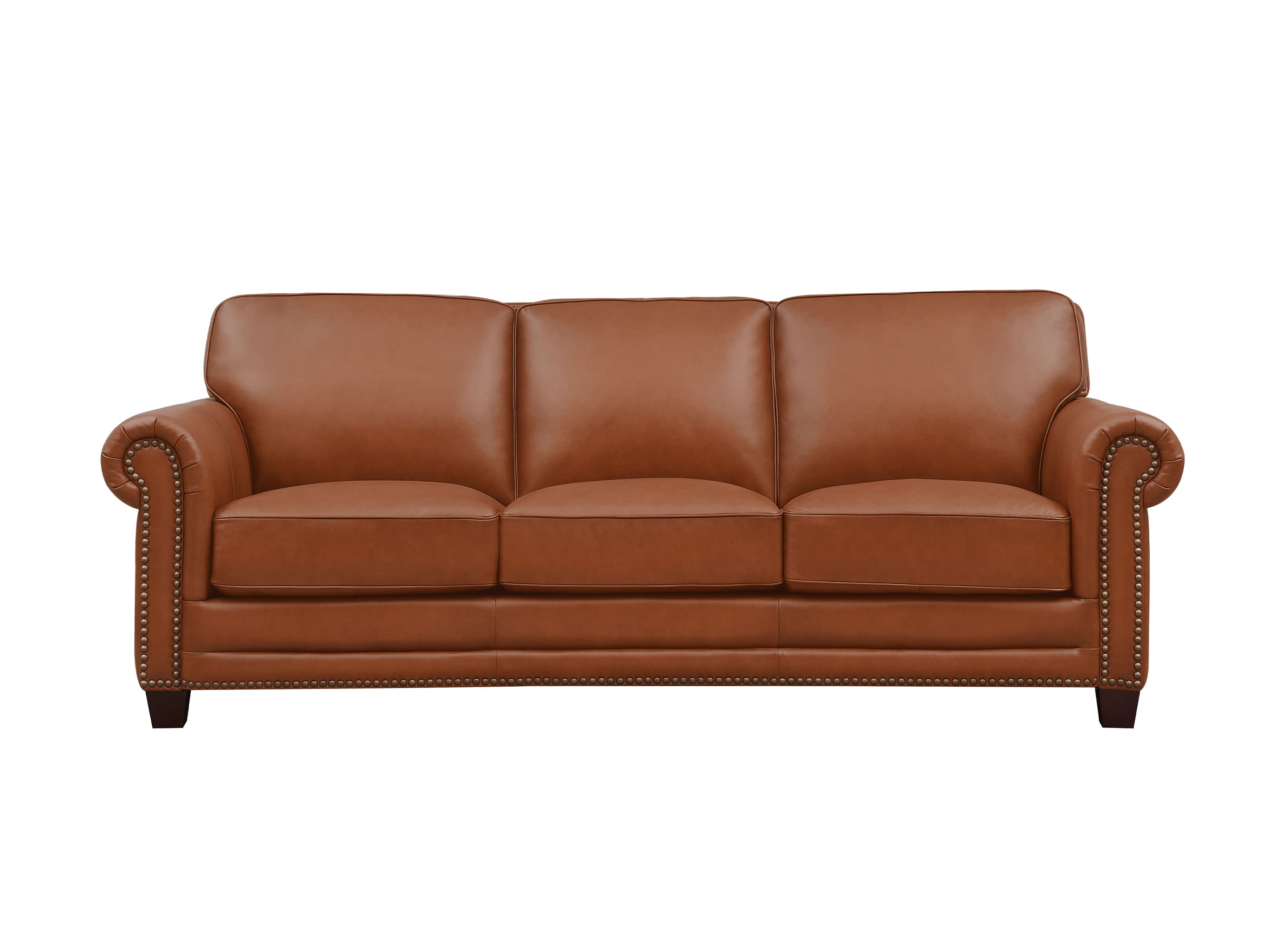 A classic three-seater leather sofa in a warm cognac brown, featuring rolled arms with nailhead trim, button tufting on the backrest, and dark wooden legs, shown against a plain white background.