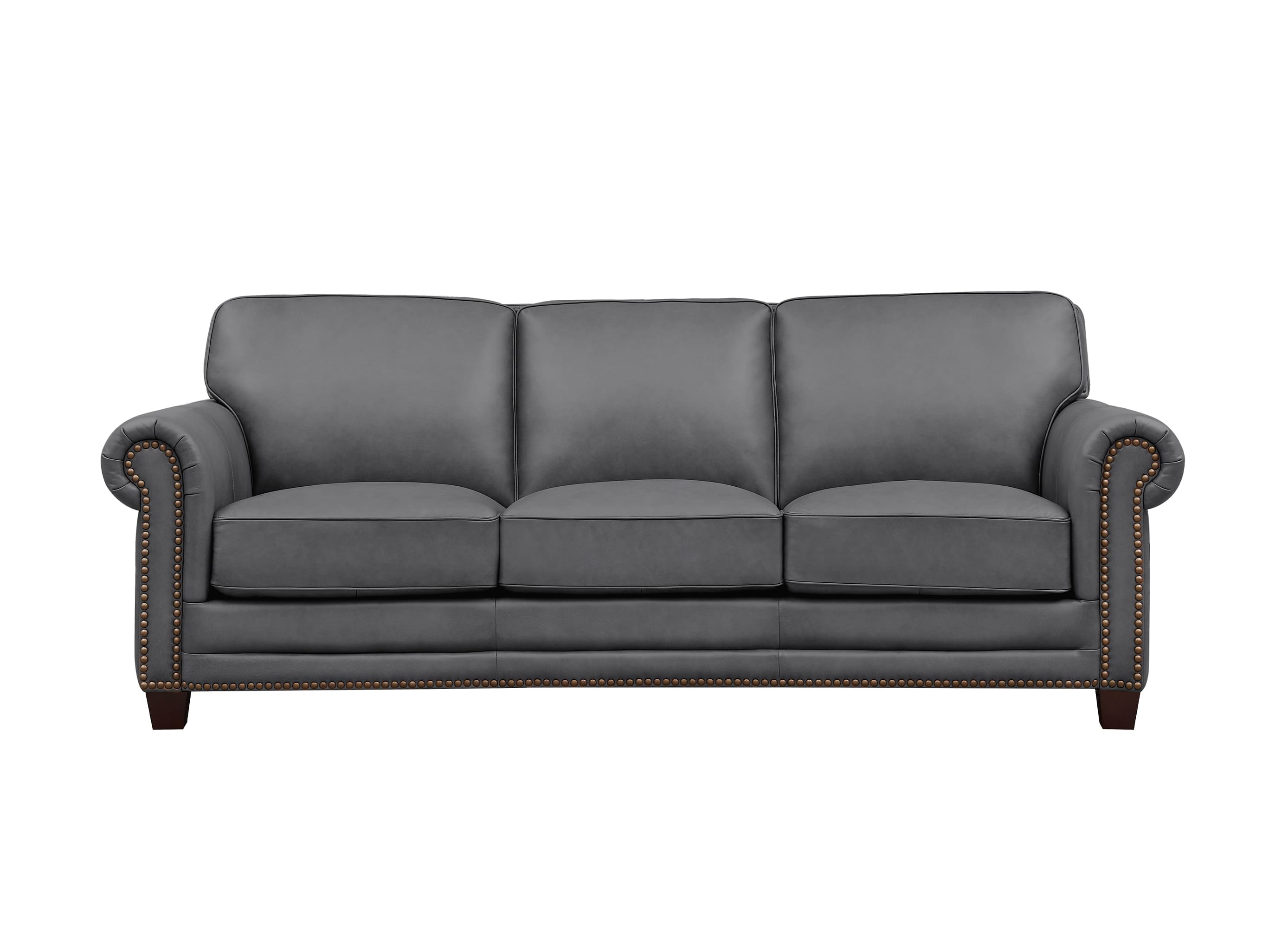 A three-seat gray upholstered sofa with rolled arms, nailhead trim, and dark wooden legs, shown against a plain white background.