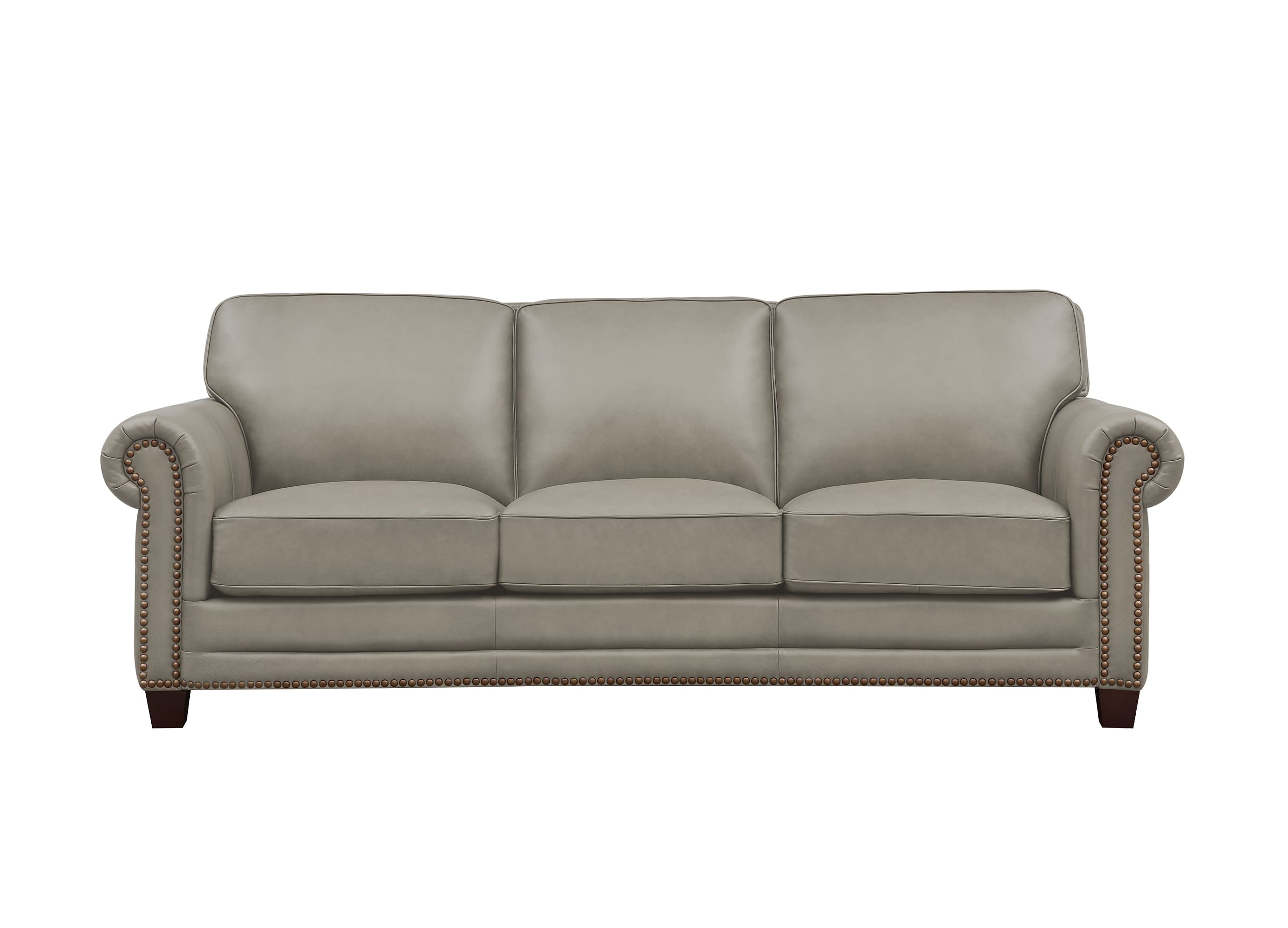 A three-seat sofa upholstered in light taupe leather with rolled arms, nailhead trim, and dark wooden legs, shown against a plain white background.