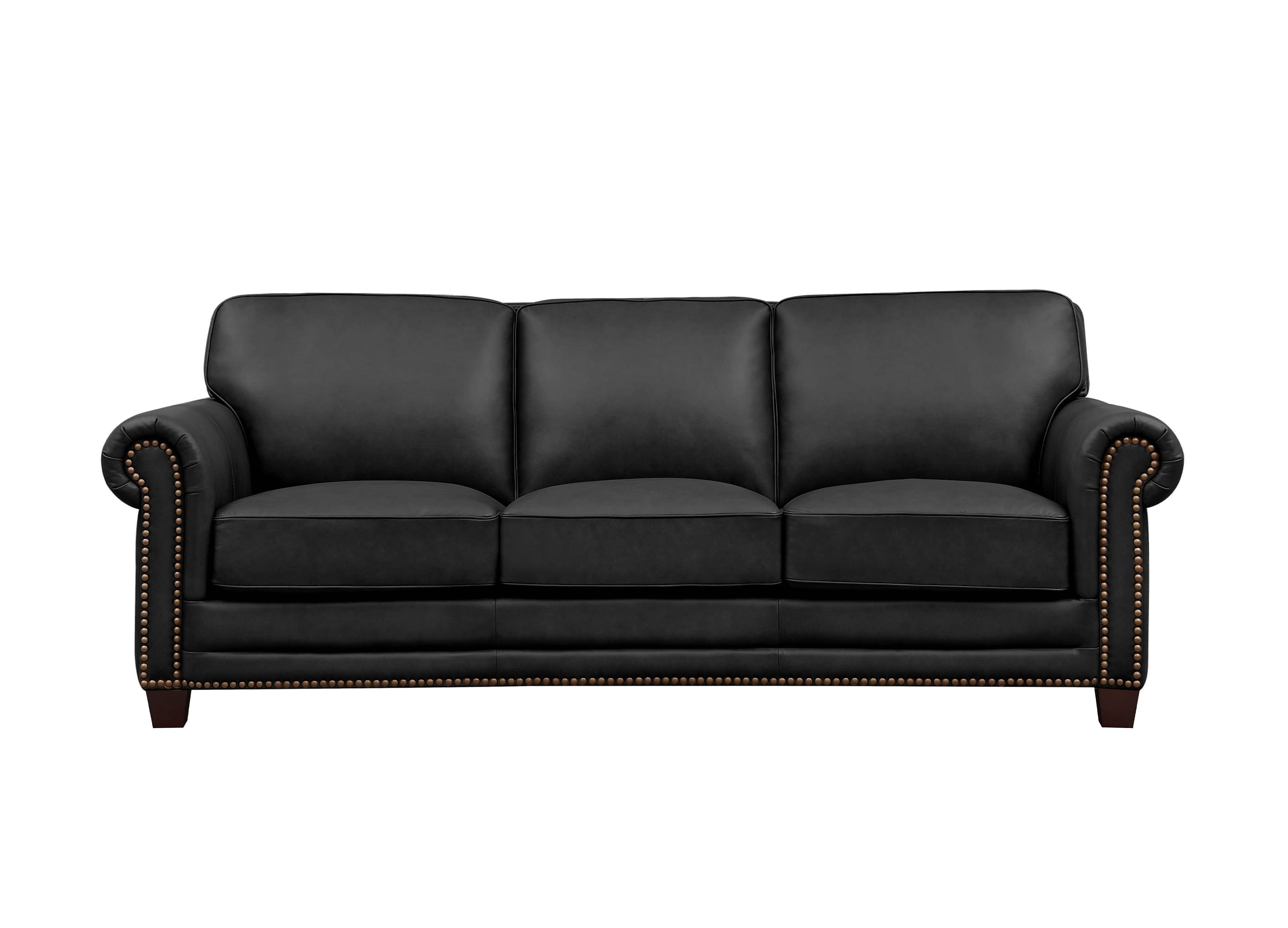 A black leather three-seater sofa with classic rolled arms, nailhead trim, and dark wooden legs, shown against a plain white background.