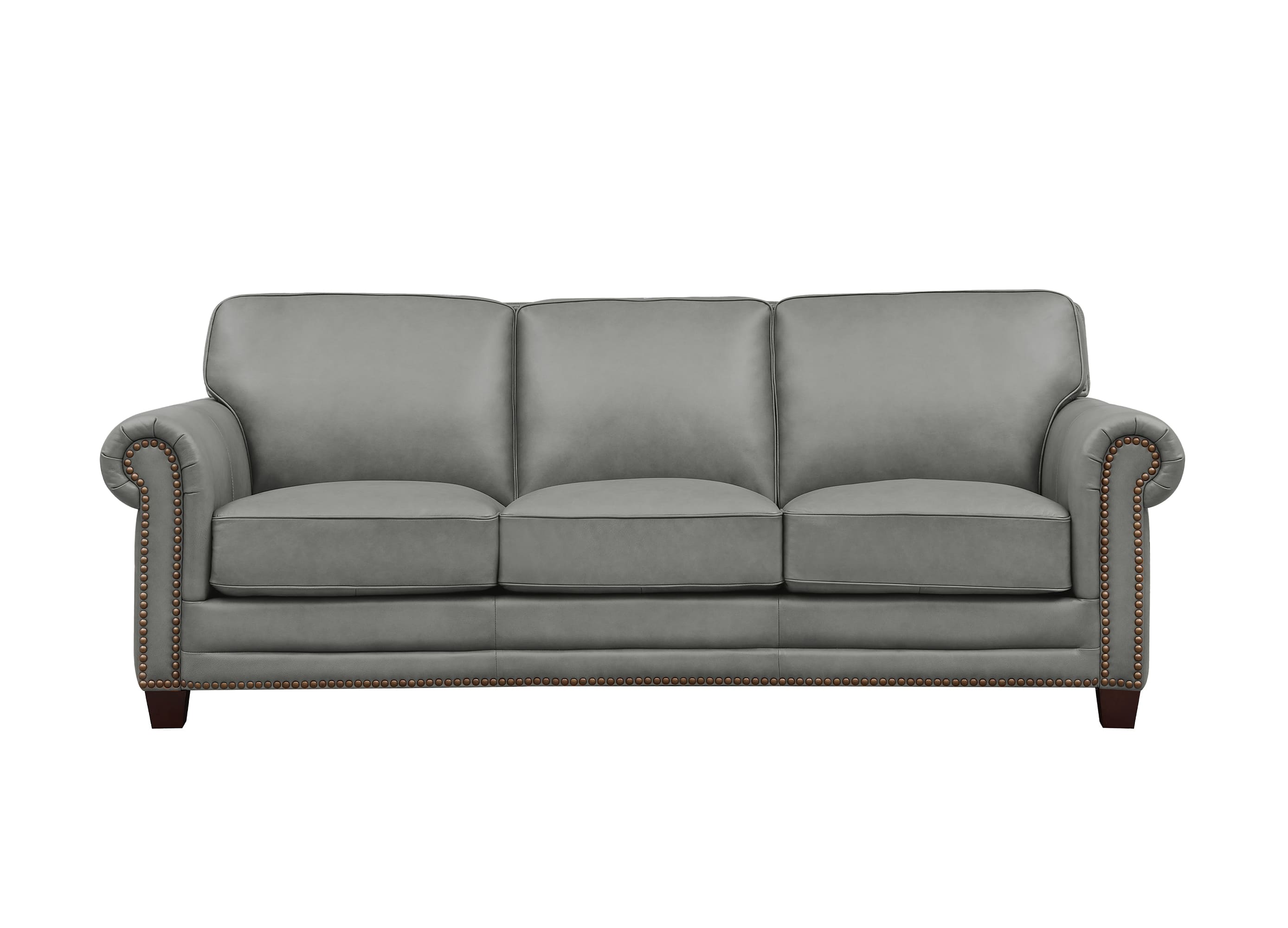 A three-seat gray upholstered sofa with rolled arms, nailhead trim, and dark wooden legs, shown against a plain white background.
