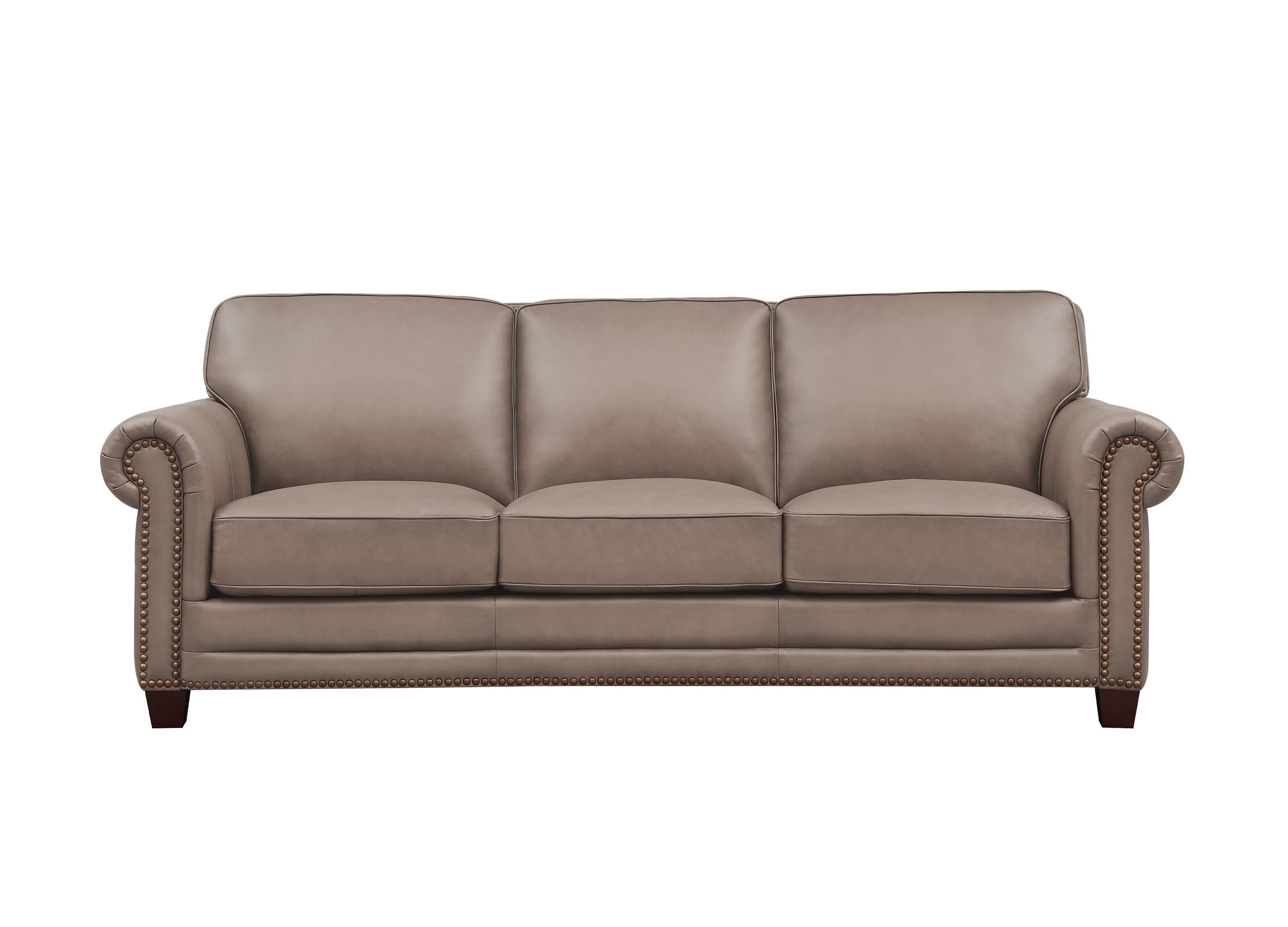 A three-seat leather sofa in a taupe brown color, featuring rolled arms with nailhead trim, a button-tufted front, and dark wooden legs, shown against a plain white background.