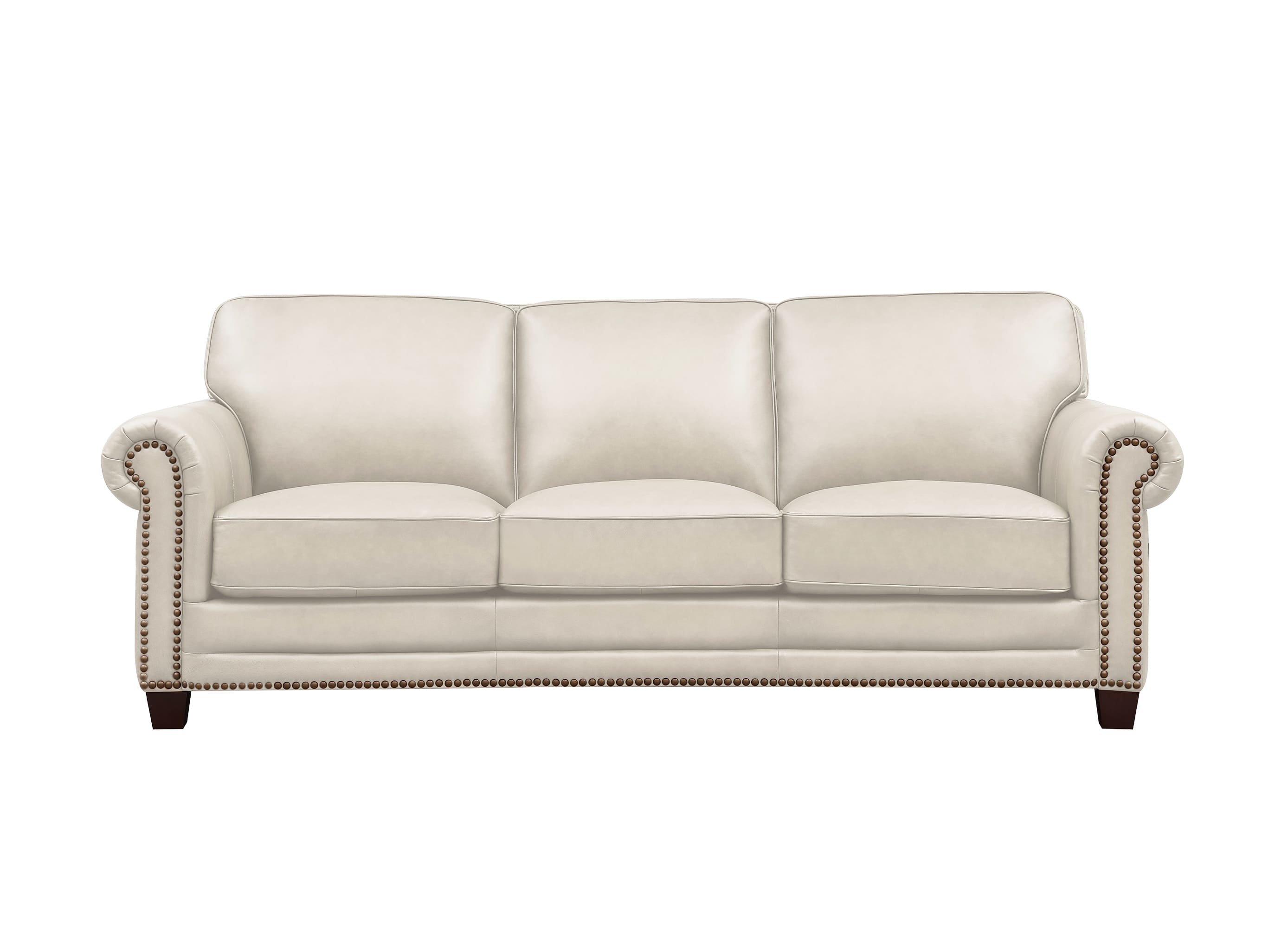 A cream-colored leather three-seater sofa with rolled arms, nailhead trim, and dark wooden legs, shown against a plain white background.