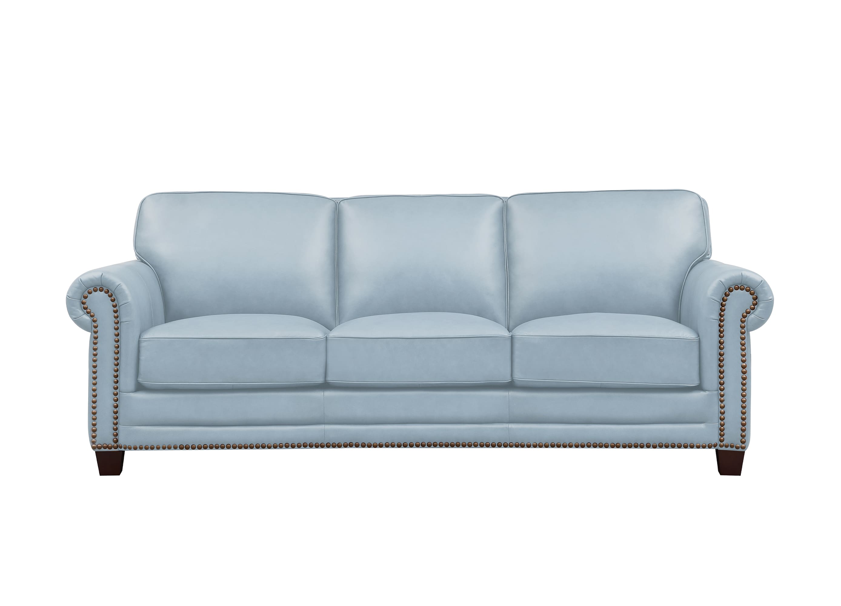 A light blue leather three-seater sofa with rolled arms, nailhead trim, and dark wooden legs, shown against a plain white background.
