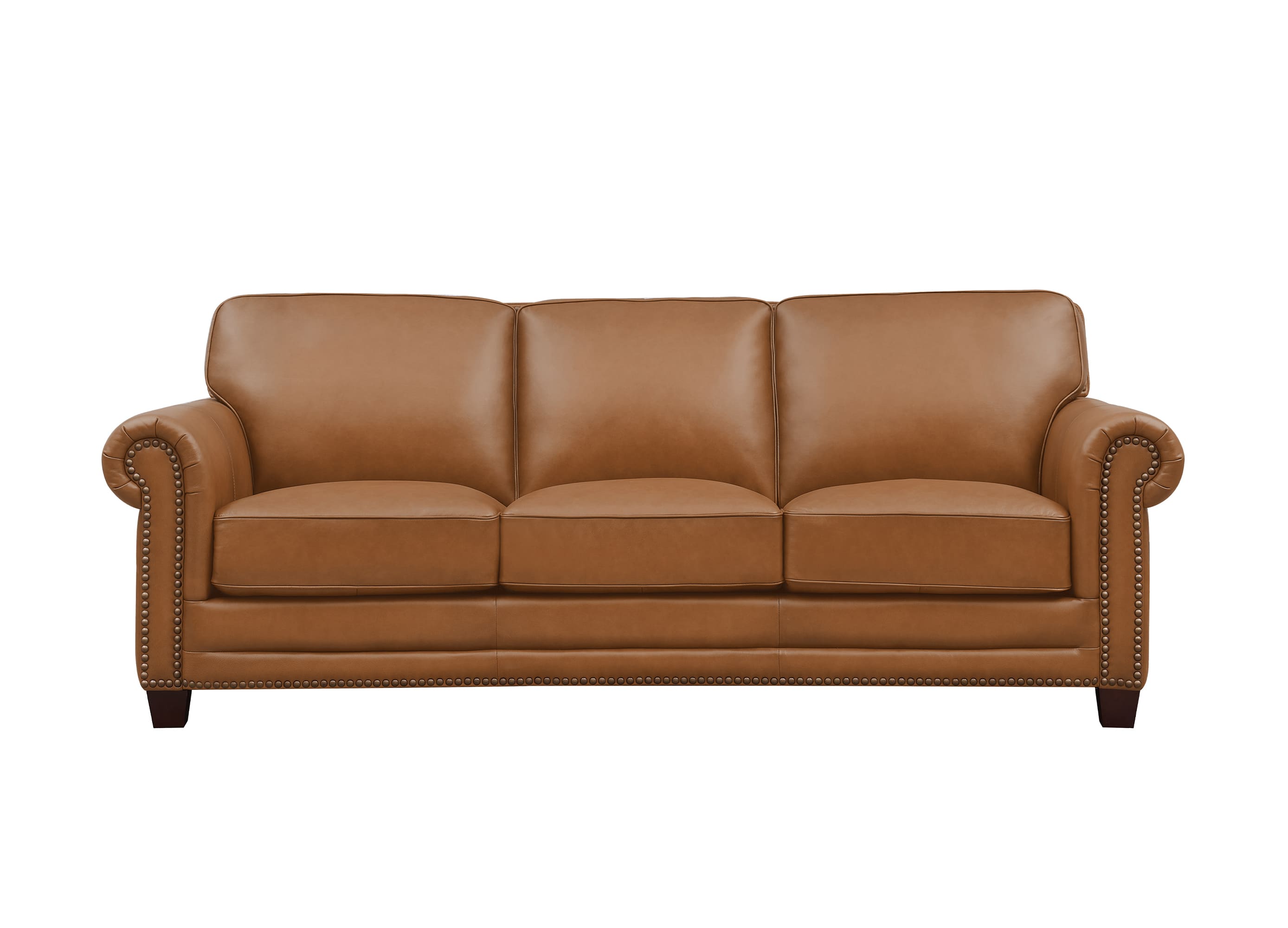 A classic three-seater leather sofa in a warm tan/cognac brown color, featuring rolled arms, nailhead trim, and dark wooden legs, shown against a plain white background.
