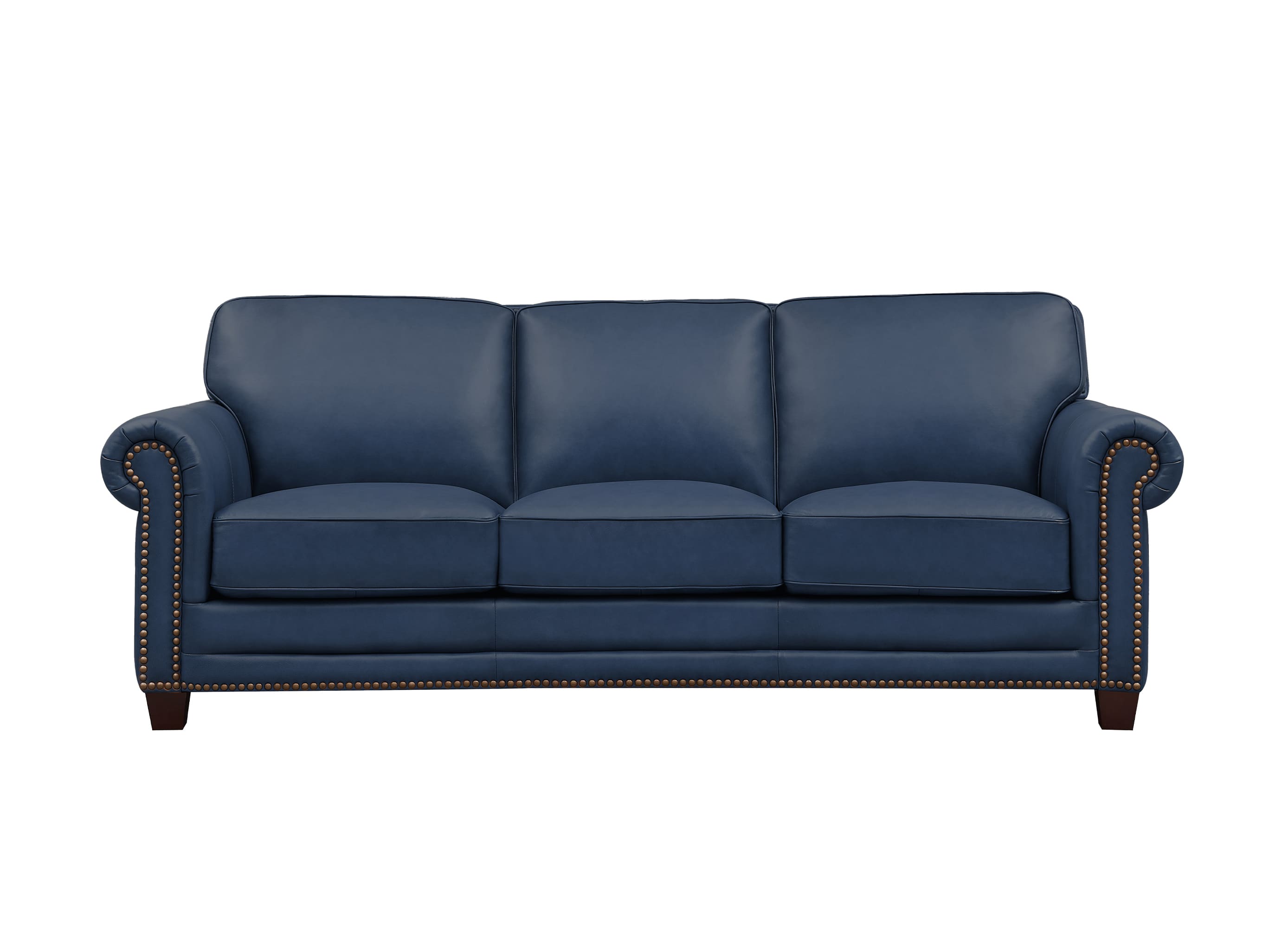 A three-seat sofa upholstered in dark blue leather with rolled arms, nailhead trim, and dark wooden legs, shown against a plain white background.