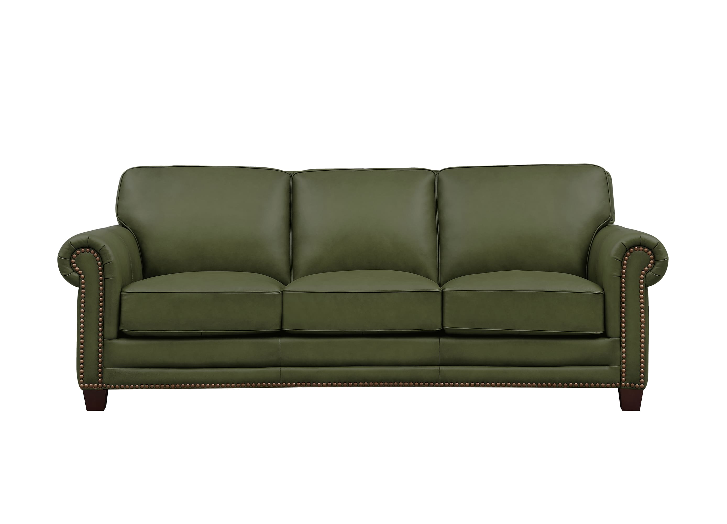 An olive green leather three-seater sofa with rolled arms, dark wooden legs, and brass nailhead trim, shown against a plain white background.