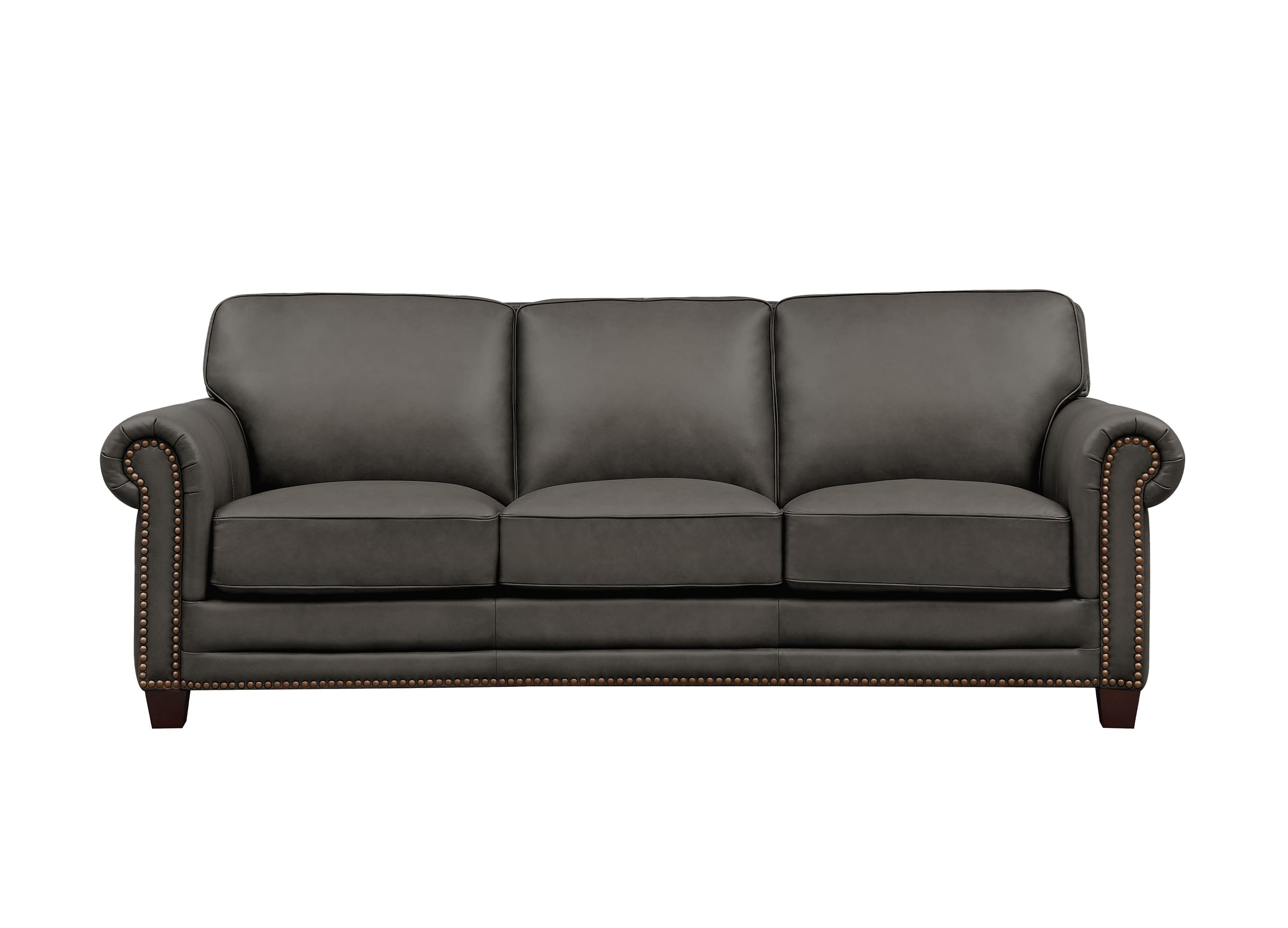 A three-seat sofa in dark gray leather with rolled arms, nailhead trim, and dark wooden legs, shown against a plain white background.