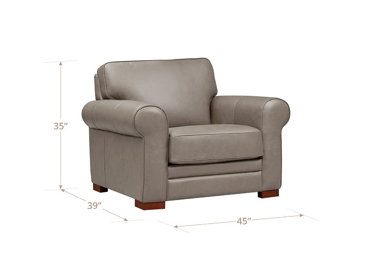 Gray armchair with dimensions on a white background