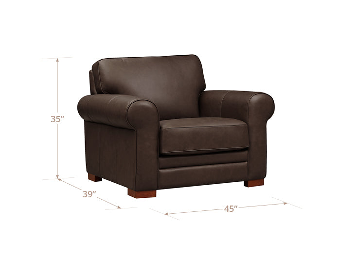 Brown leather armchair with dimensions on a white background