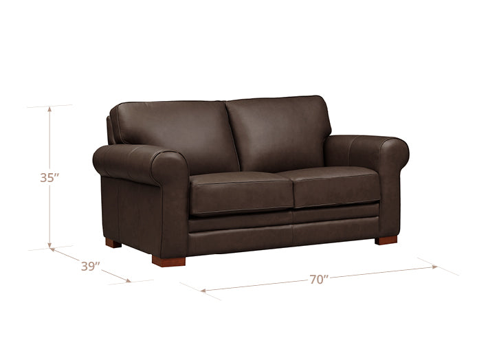 Brown leather sofa with dimensions labeled on a white background