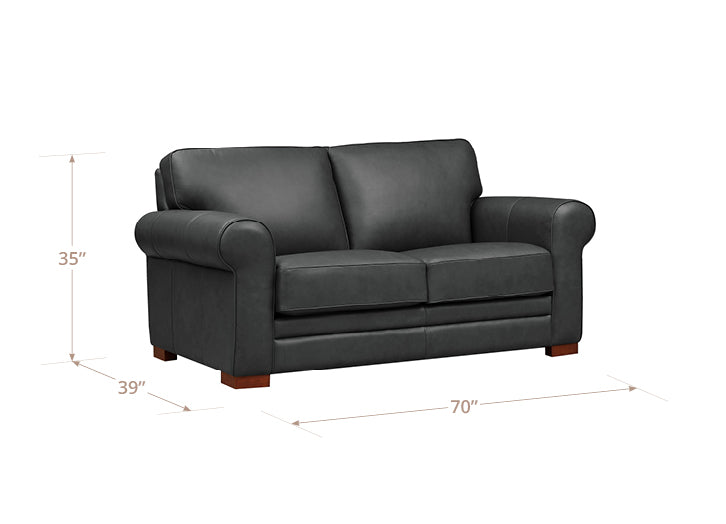 Brown leather sofa with dimensions labeled on a white background
