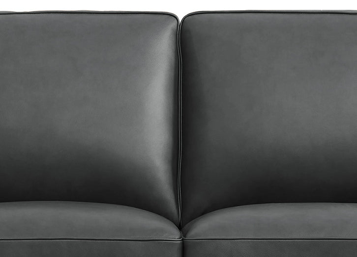 Close-up of a black leather sofa with a plain background