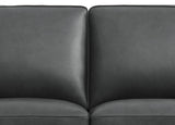 Close-up of a black leather sofa with a plain background