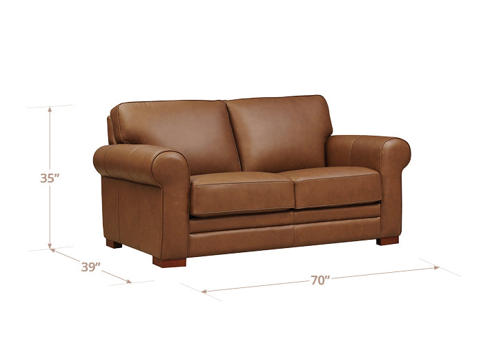 Brown leather sofa with dimensions on a white background
