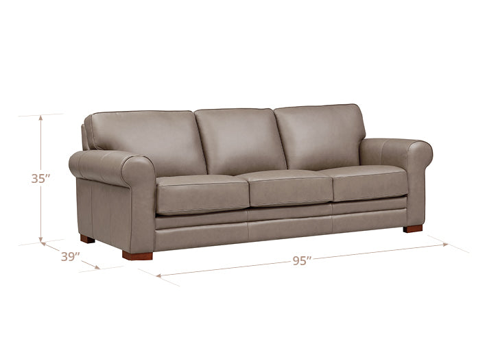 Gray sofa with dimensions on a white background