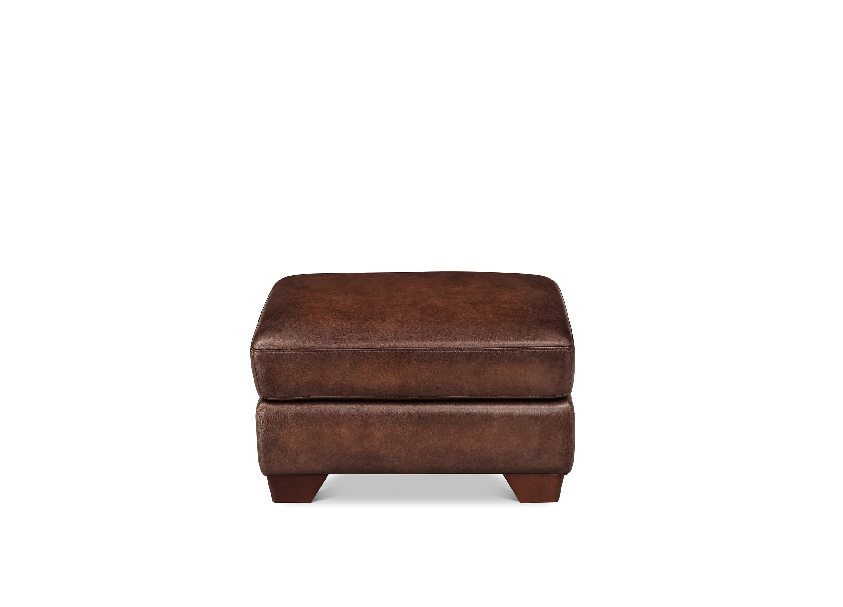 A square brown leather ottoman with a low profile and short block feet, shown against a plain white background.