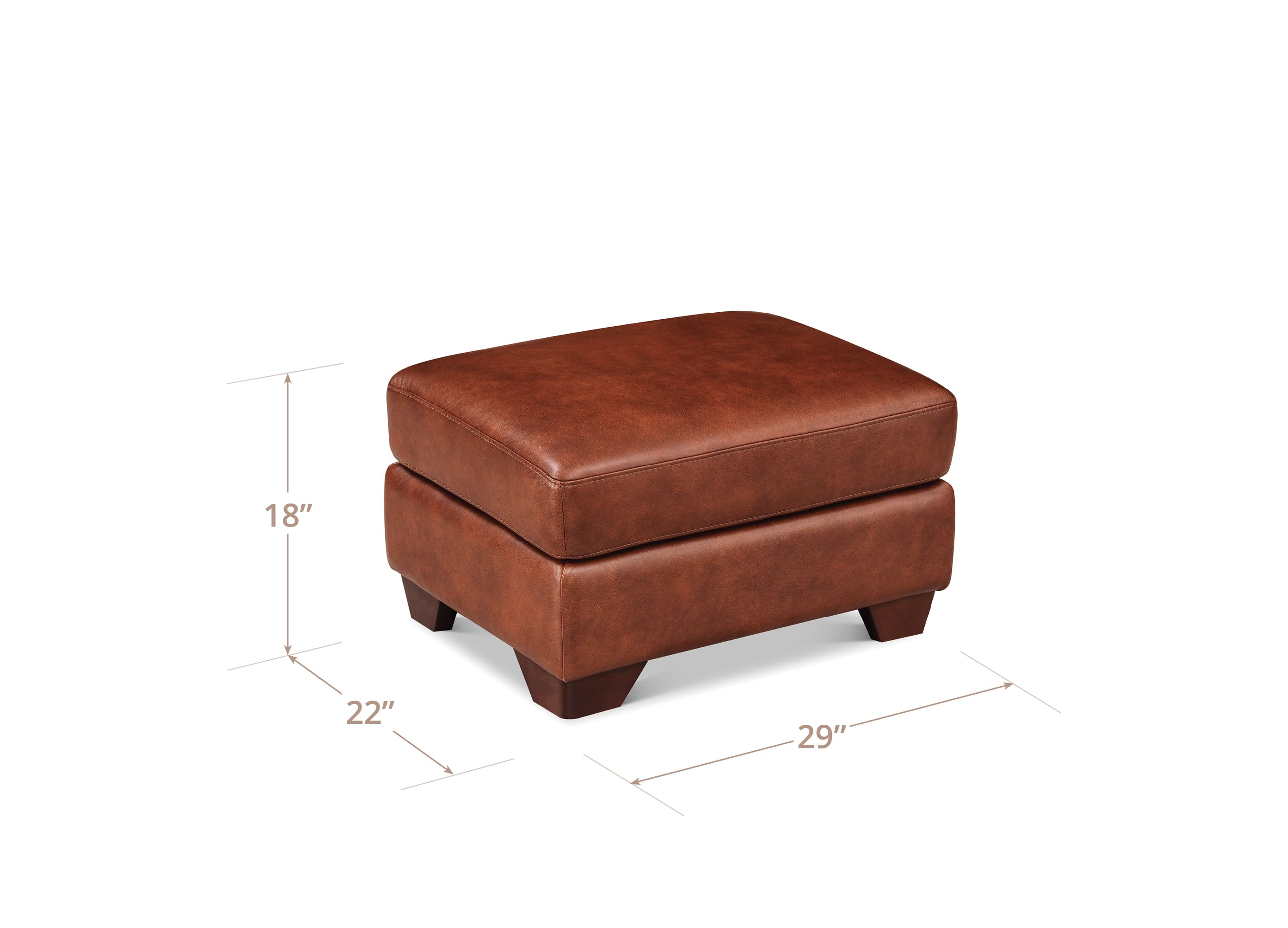 A brown leather ottoman with dimension lines showing its measurements of 18 inches in height, 22 inches in width, and 29 inches in depth on a white background.