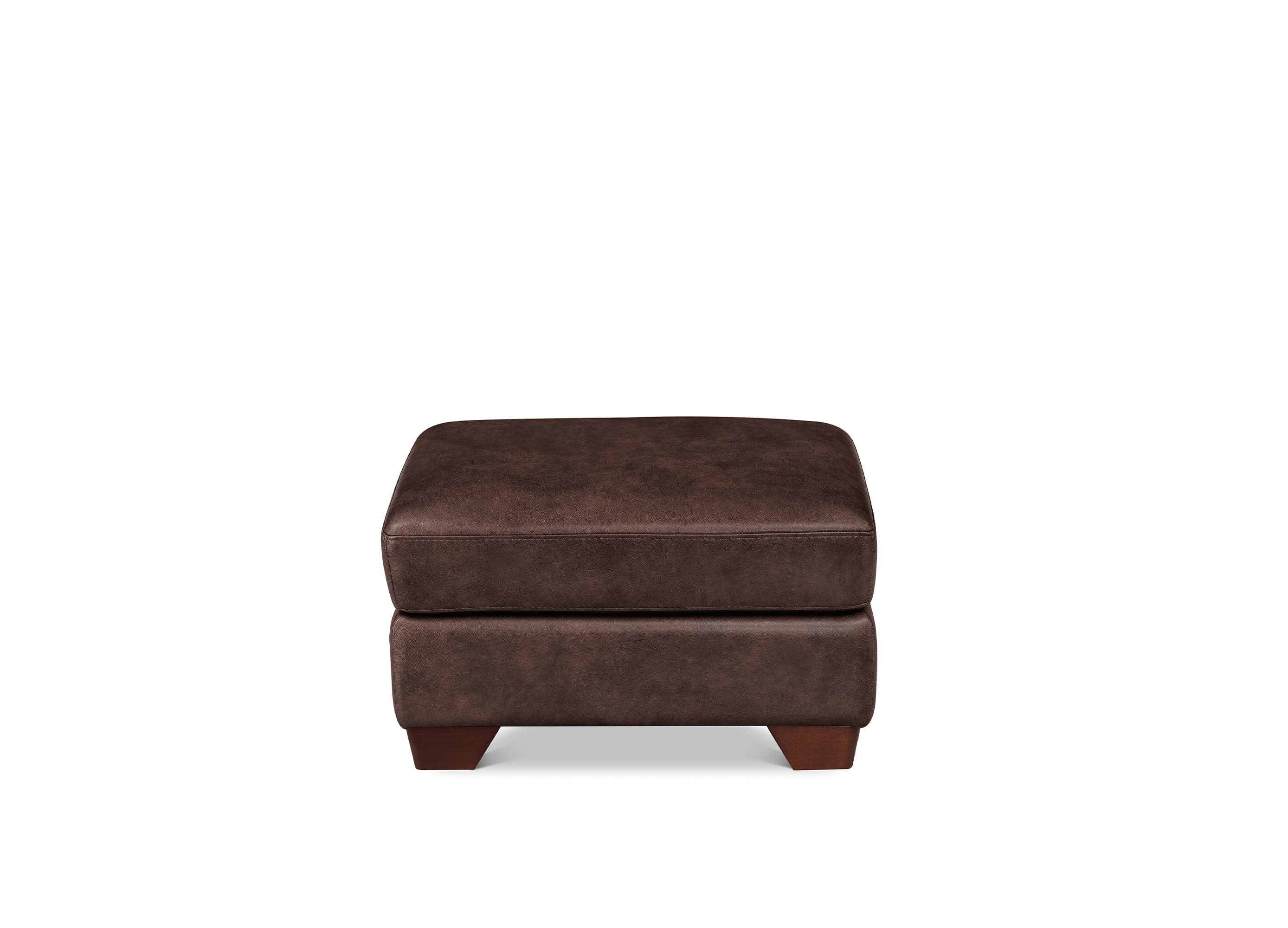 A square brown upholstered ottoman with a textured fabric surface and short dark wooden legs, shown against a plain white background.