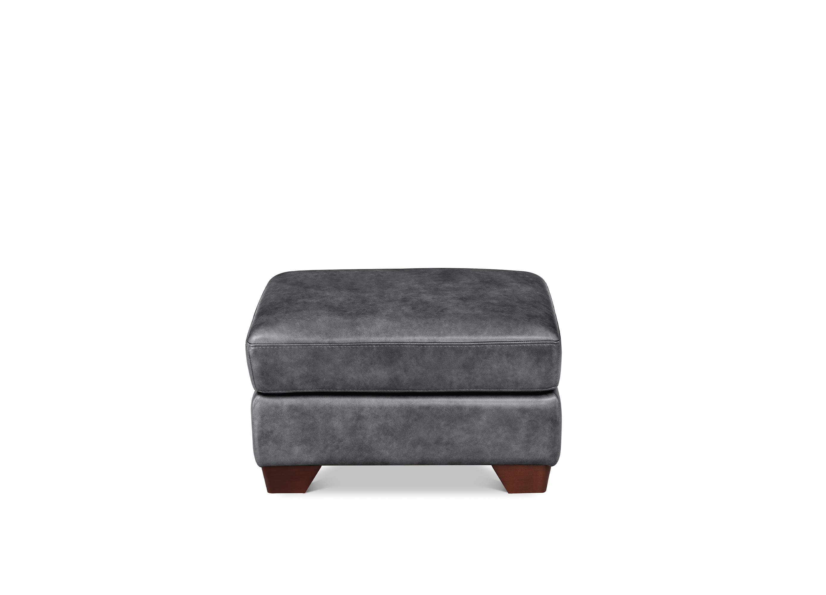 A square gray upholstered ottoman with dark brown wooden legs, shown against a plain white background.