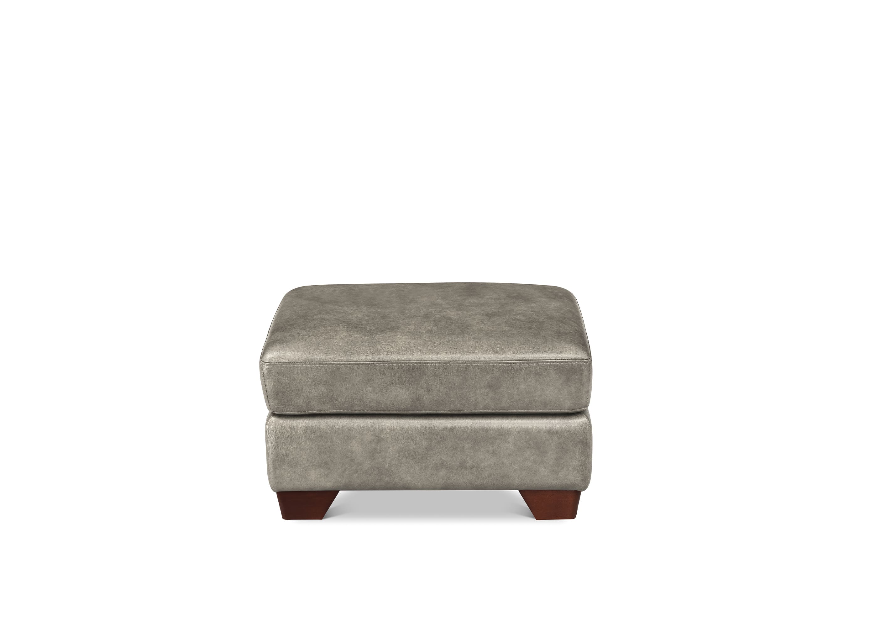 A square upholstered ottoman in a textured light gray fabric, supported by two dark brown wooden legs, shown against a plain white background.
