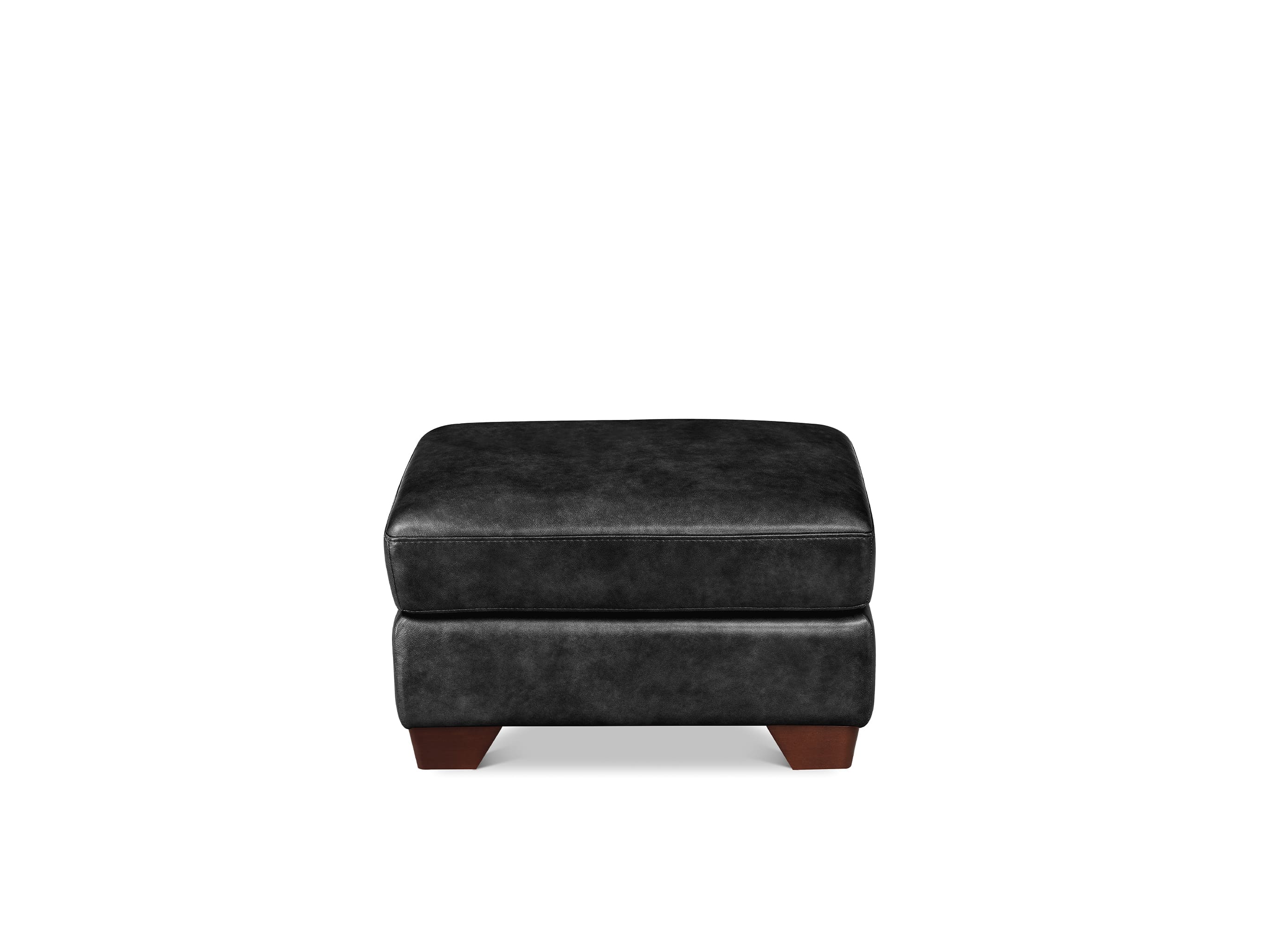 A square brown upholstered ottoman with a textured fabric surface and short dark wooden legs, shown against a plain white background.