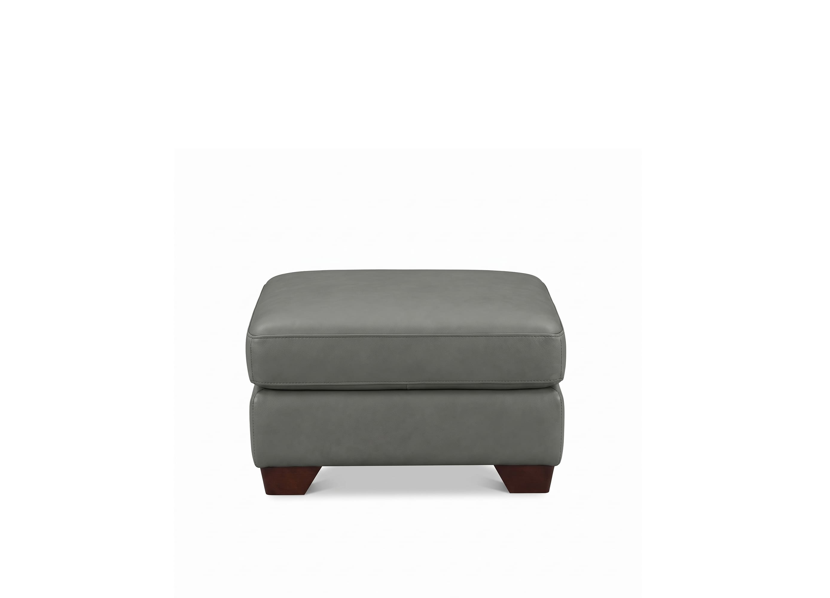 A gray tufted leather ottoman with short dark wood legs, shown against a plain white background.