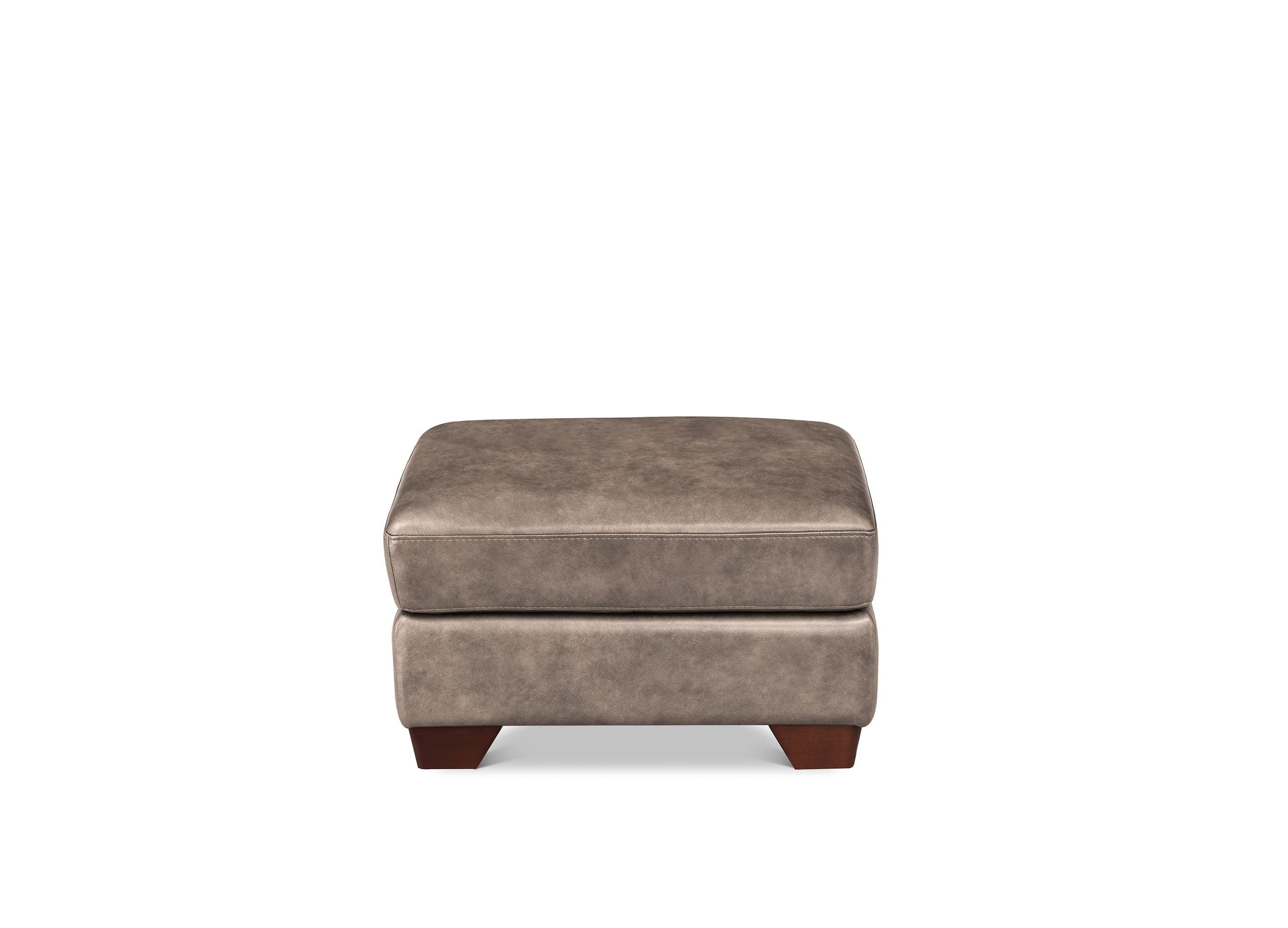 A square upholstered ottoman in a textured taupe-brown fabric, supported by two dark brown wooden legs, shown against a plain white background.