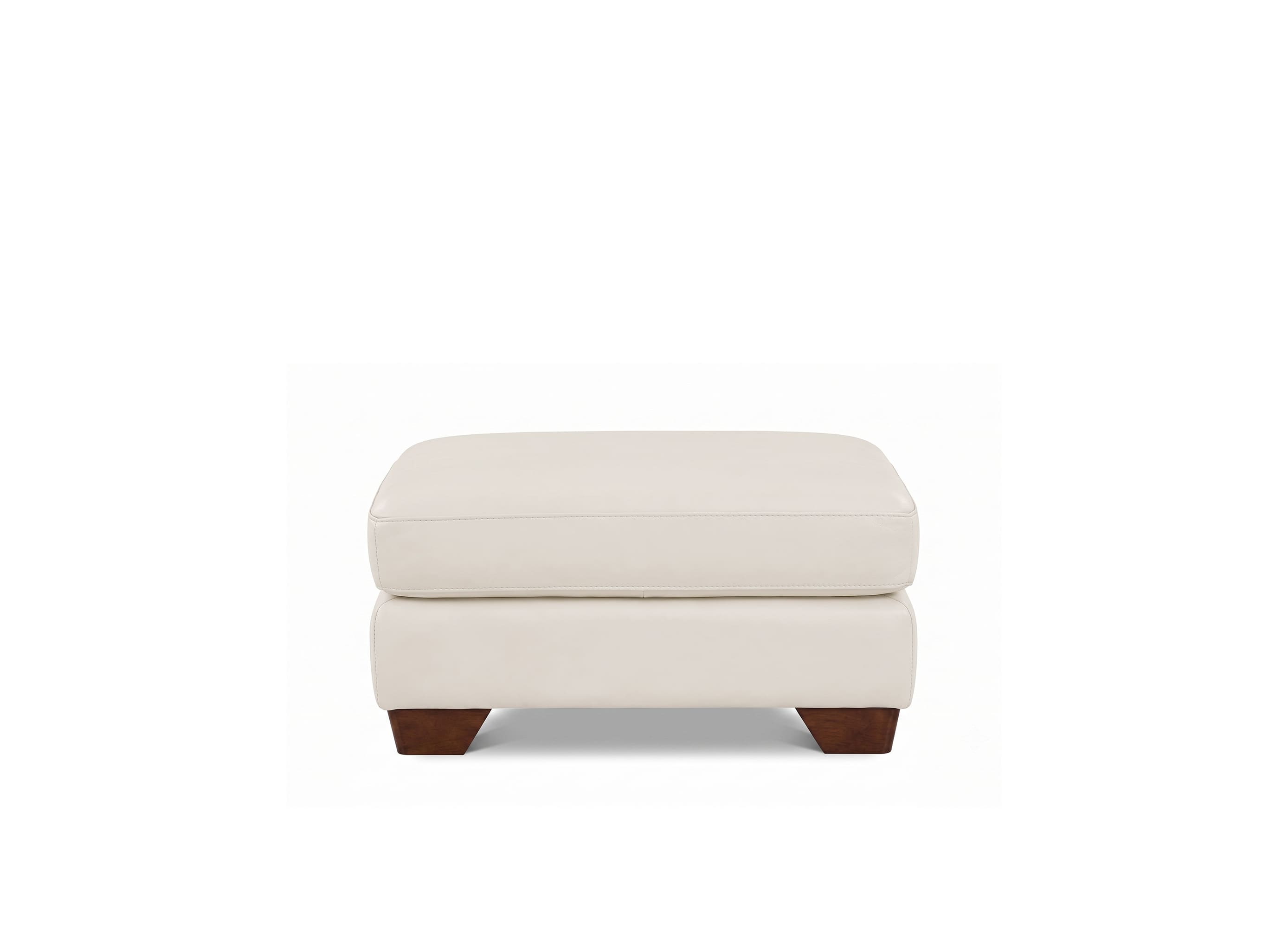 A modern square ottoman upholstered in cream-colored leather or faux leather, featuring dark brown wooden legs, shown against a plain white background.