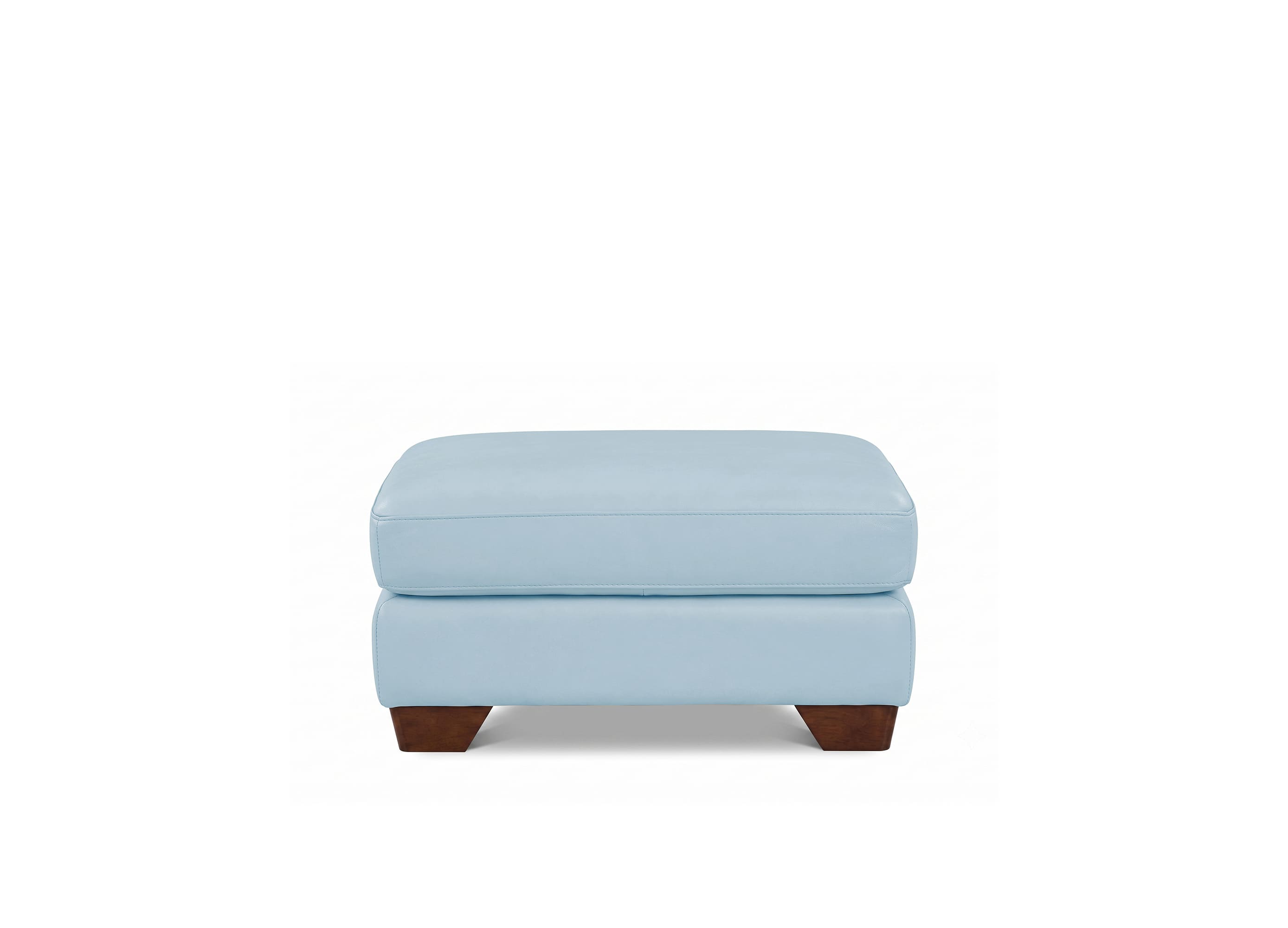A light blue upholstered ottoman with dark brown wooden feet, shown from the front on a solid white background.