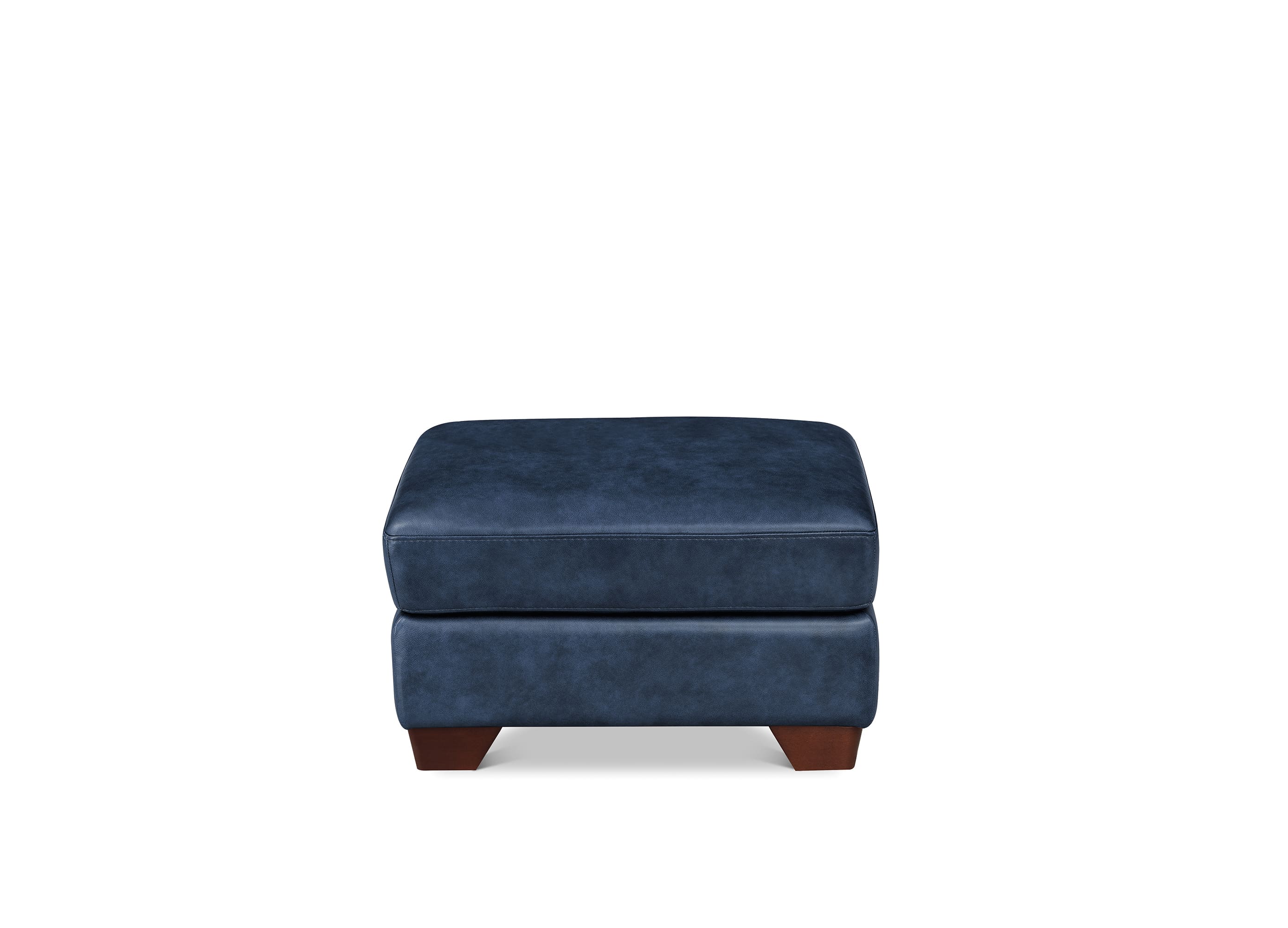 A square blue upholstered ottoman with dark brown wooden legs, shown against a plain white background.