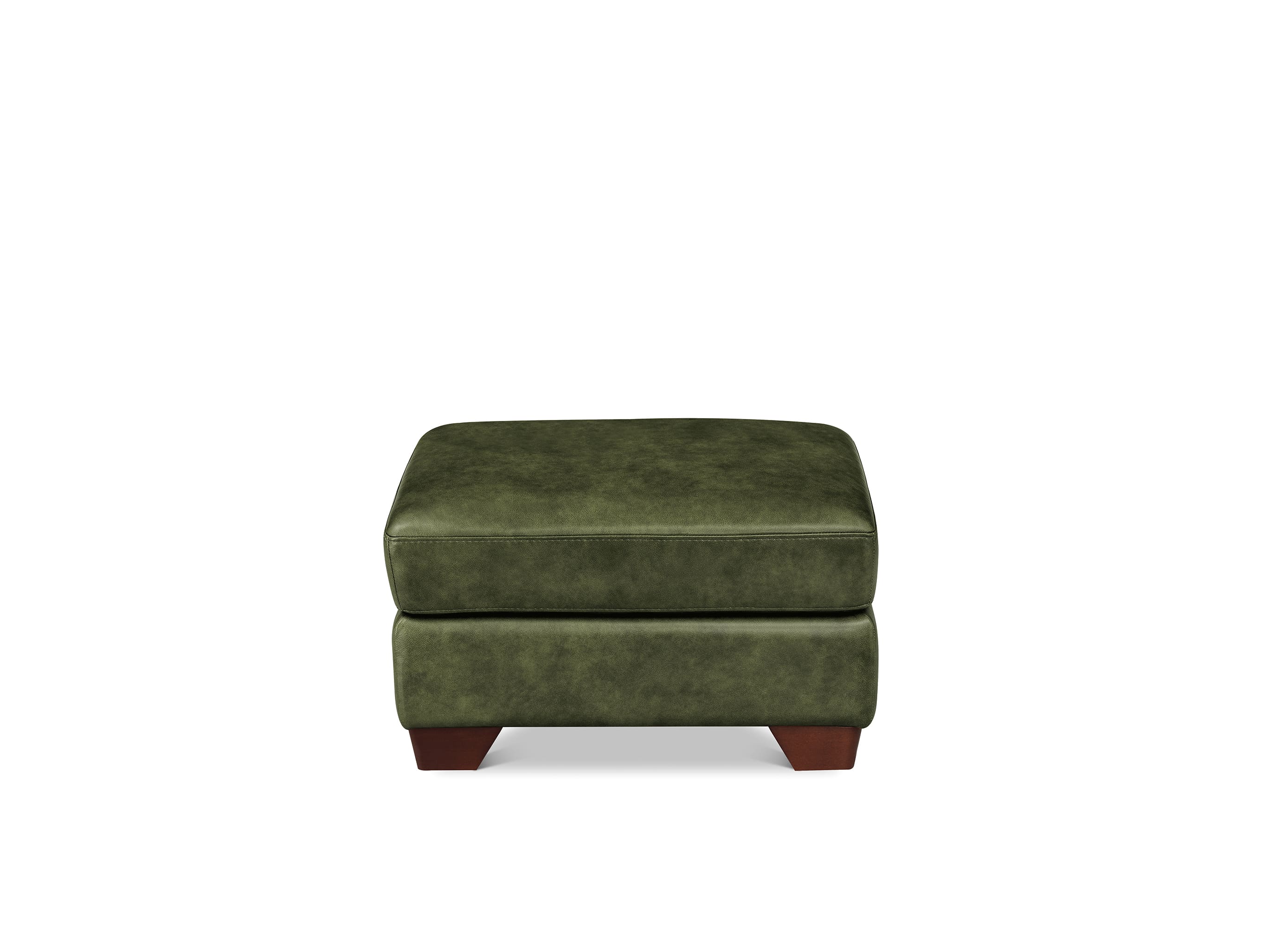 An olive green upholstered ottoman with dark brown wooden legs, shown against a plain white background.